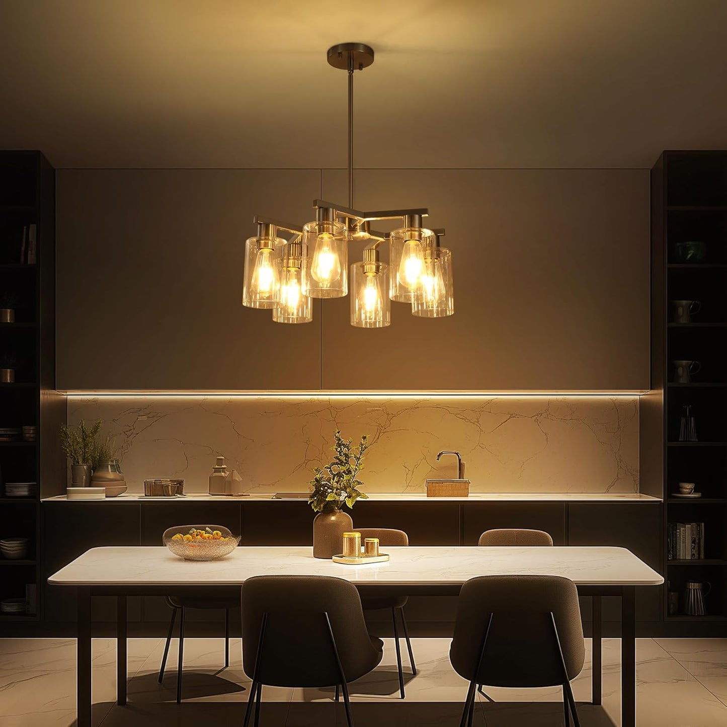 6-Light Farmhouse Brushed Nickel Chandelier,Modern Chandeliers for Dining Room Light Fixture Over Table,Adjustable Hanging Industrial Rustic Pendant Lights Kitchen Island Light with Clear Glass Shade