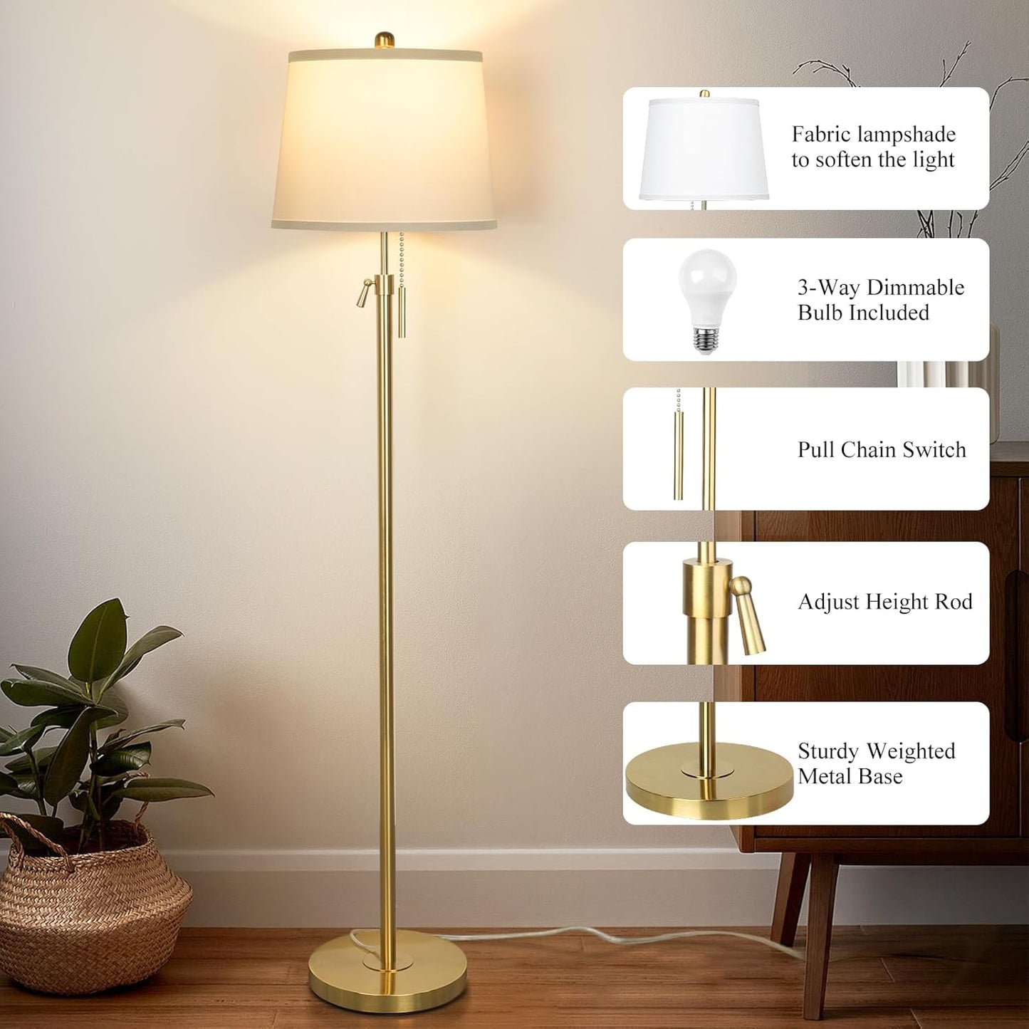 Gold Floor Lamp for Living Room, Tall Standing Lamp 55-65" Adjustable Modern Brass Floor Lamps for Bedroom Reading Office Kids 3 Color Lights Corner Night Stand (9W LED Bulb, White Shade)
