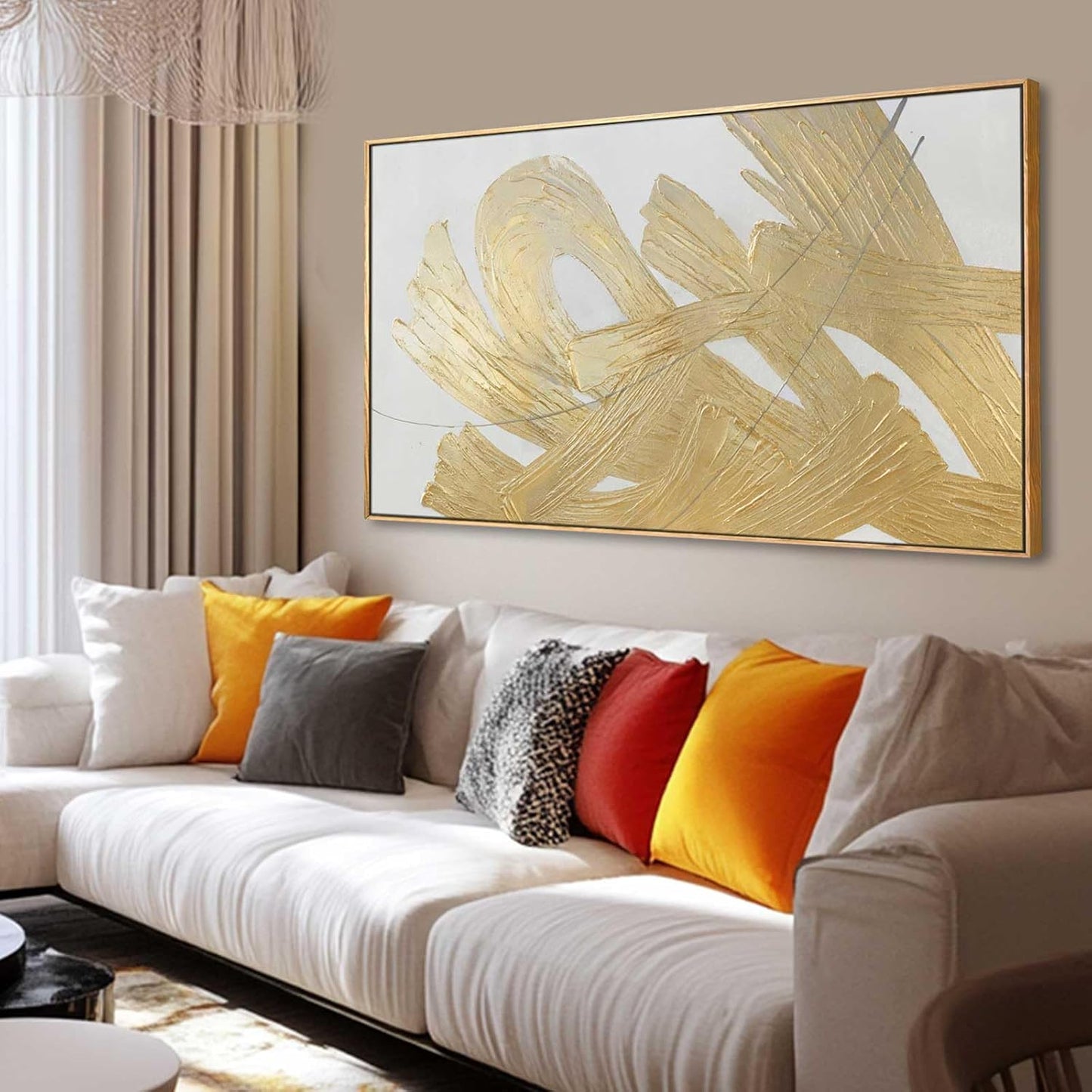 Gold Framed Canvas Art Abstract Wall Decor White Picture Decor 24"x48" Canvas Wall Art for Bedroom Oil Painting for Kitchen