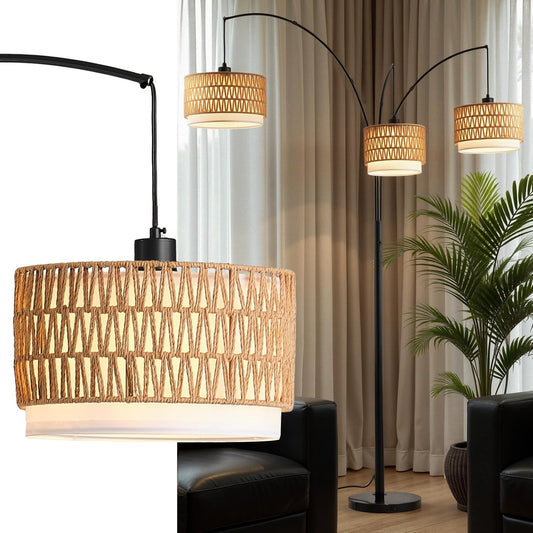 Rattan Floor Lamp for Living Room, 80 Inch Tall Boho Floor Lamp with Rotary Switch, 3 Lights Arc Lamp with Wicker Shade for Coastal,Bohemian,Tree Farmhouse Standing Lamp