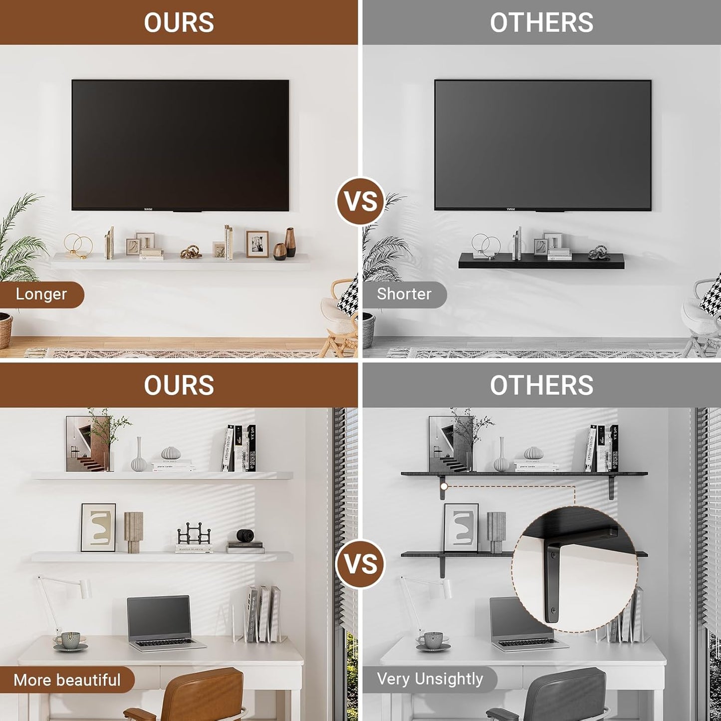 Heimlove Floating Shelves for Wall 48 Inches Long,9.3" Deep White Floating Shelf Set of 2,Wall Mounted Shelves for Bathroom Bedroom Living Room Kitchen Office,Shelf for Books Storage Room Decor