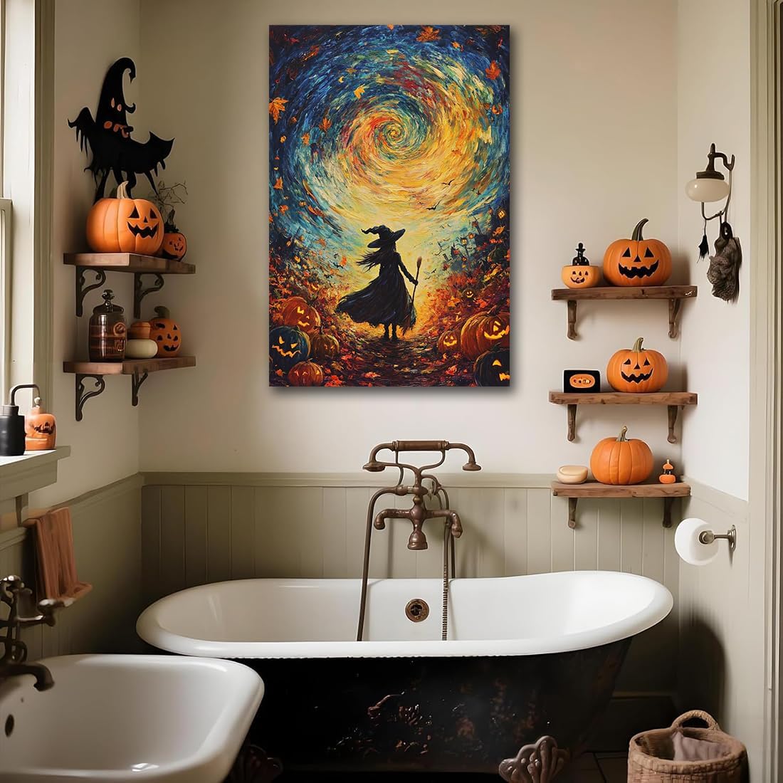 Halloween Autumn Witchy Decor Wall Art Prints,Gothic Witch in Whirlwind Autumn with Pumpkins Scene Pictures Poster,Fall Festival Home Decor Painting Canvas Poster for Bedroom Bathroom,24"x36" Framed