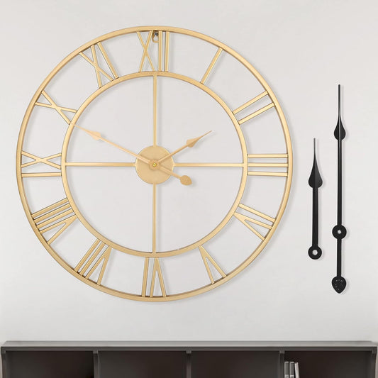 LEIKE Large Modern Wall Clocks,18" Gold Metal,Rustic,Round,Silent Non Ticking,Battery Operated Roman Numerals Clock for Living Room/Bedroom/Kitchen Wall Decor-(Gold, 47cm)