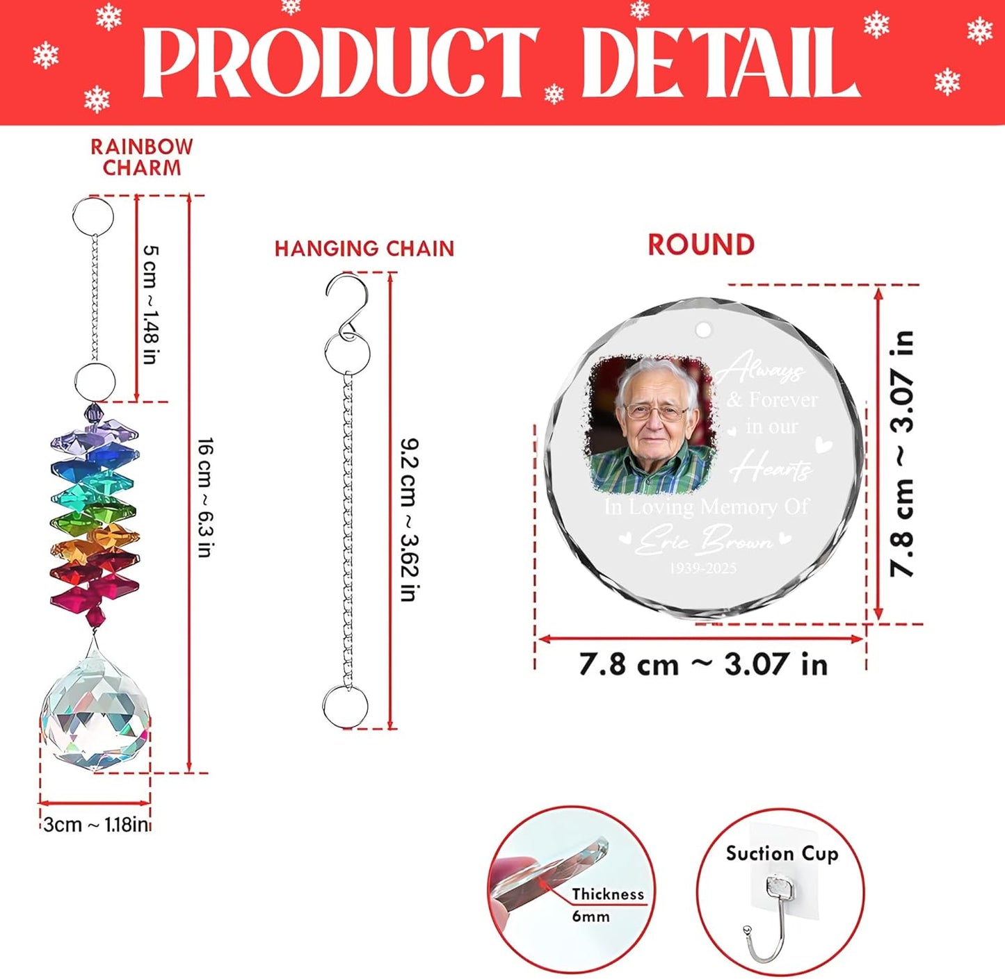 Personalized Memorial Ornament with Photo – Custom Glass Suncatcher for Loss of Loved One – Always & Forever in Our Hearts Rainbow Hanging Crystal – in Loving Memory