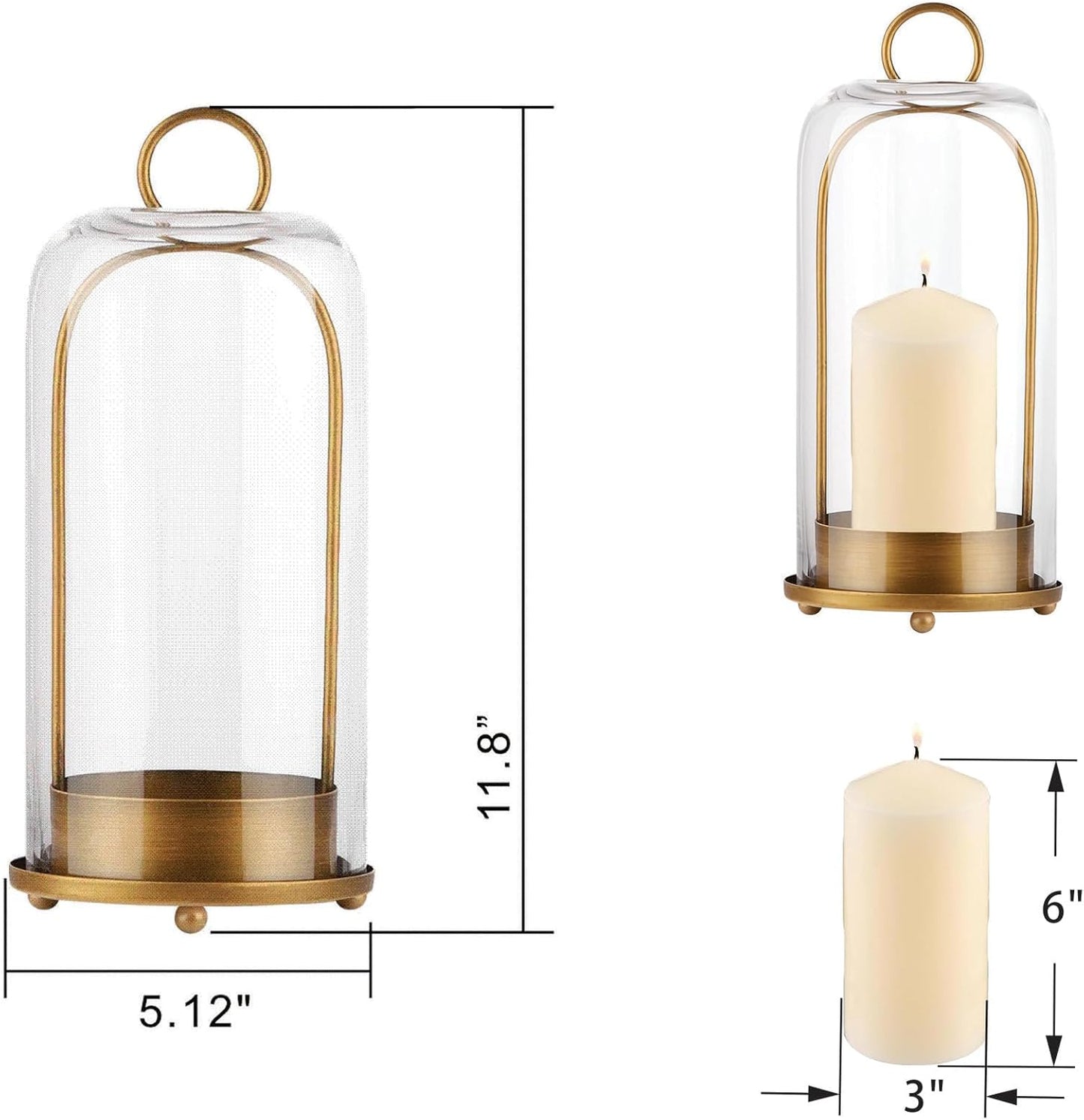 12" High Versatile Modern Metal Hurricane Lantern with Handmade Sturdy Glass Dome for 3" Pillar Candle & Plants (Brass, 5"x12")