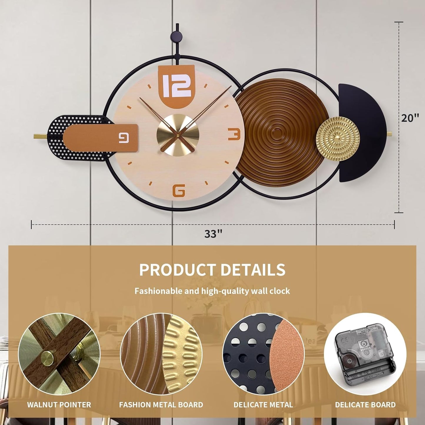 Large Wall Clock for Living Room Modern Wall Clocks Battery Operated Iron and Wood Combination Big Clocks Silent Non Ticking Clock Suitable for Home,Bed Room,Kitchen,Office 33X20inch