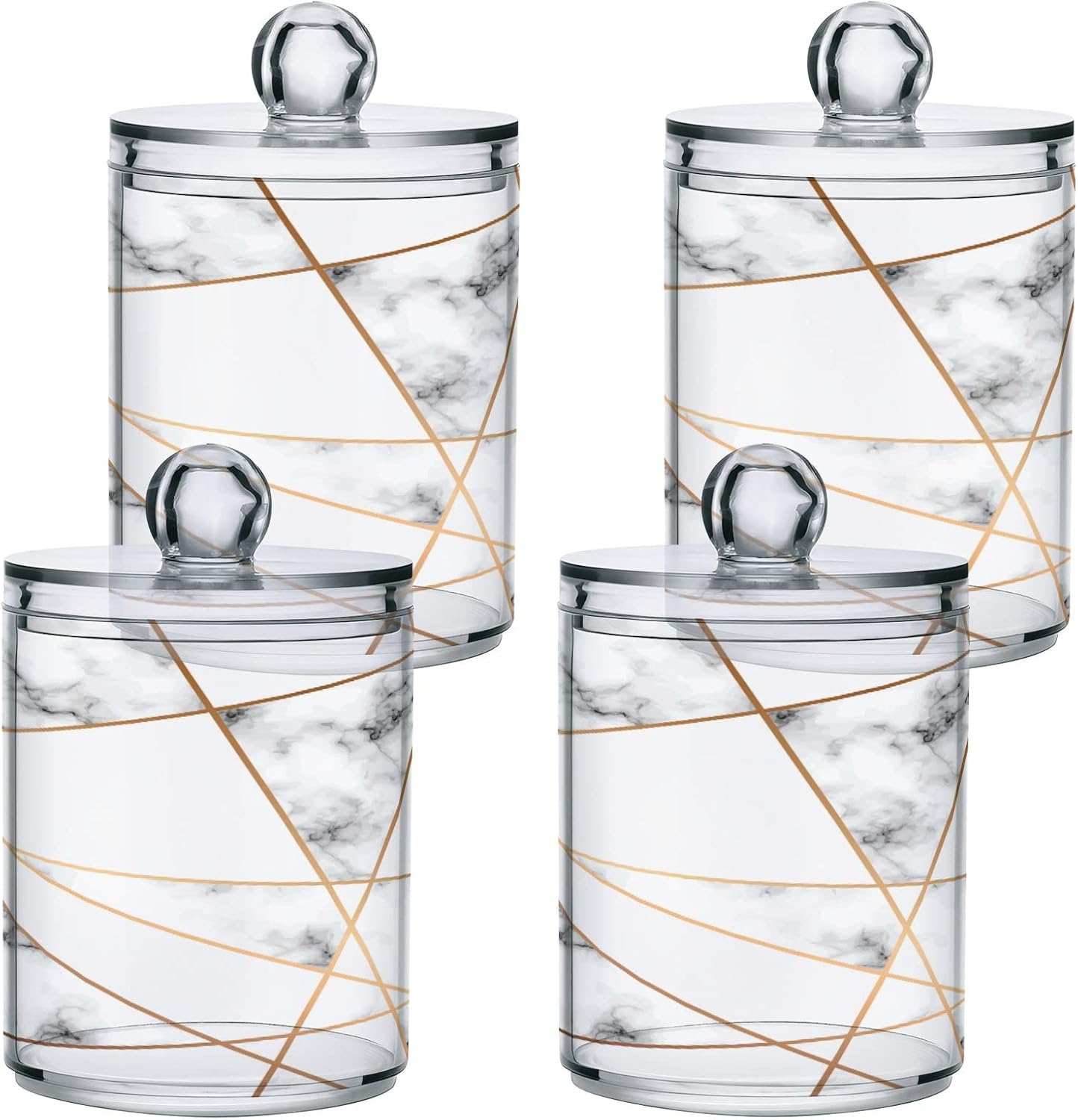 2 Pack Qtip Holder Dispenser White Marble Gold Line Bathroom Storage Canister Lid Acrylic Plastic Apothecary Jar Set Vanity Makeup Organizer for Cotton Swabs/Pads/Floss