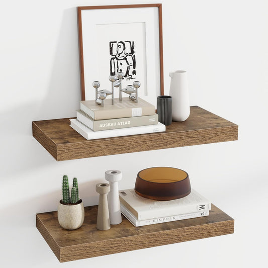 24 Inch Floating Shelves, 12 Inch Deep Floating Shelves for Wall, Floating Shelf with Invisible Brackets, Deep Shelves for Bathroom, Bedroom, Living Room, 2 Pack, Brown