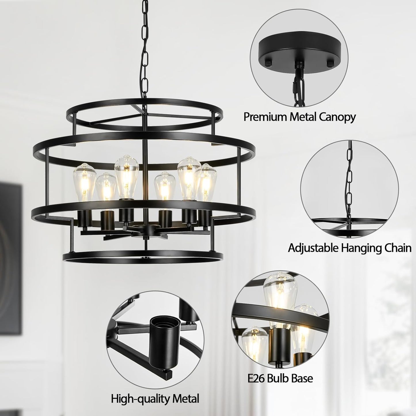 24" Black Chandelier, 6-Light Farmhouse Pendant Light Fixture with Geometric Metal Frame, Modern Industrial Ceiling Hanging Light for Dining Room, Living Room, Bedroom, Kitchen Island, Hallway, Foyer