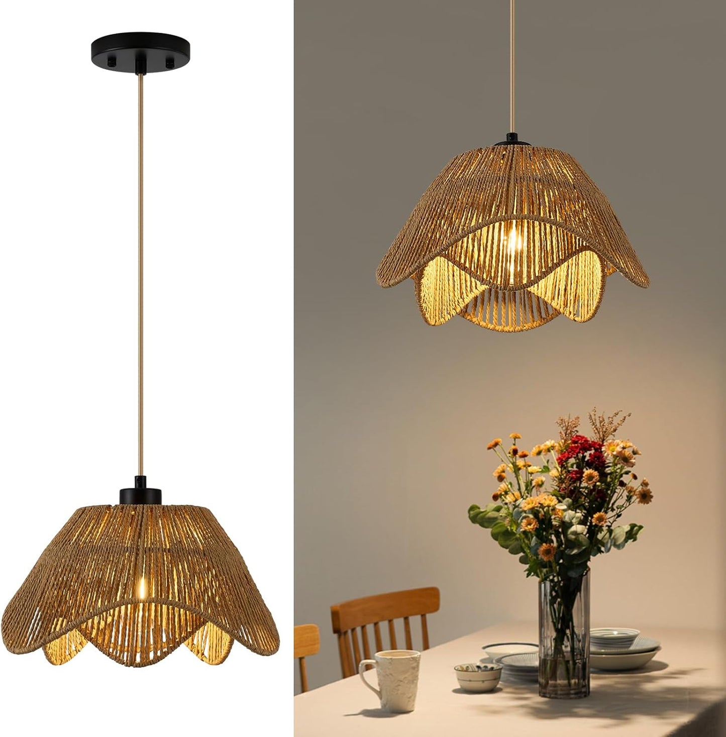 Rattan Pendant Light Fixtures,1 Light Boho Hanging Light, Farmhouse Hand Woven Wicker Chandelier, Adjustable Flush Mount Ceiling Hanging Lamp for Bedroom Dining Room Kitchen Island Hallway