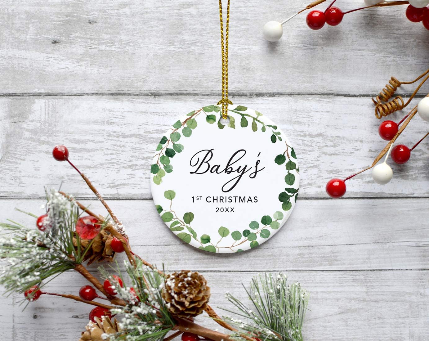 Andaz Press Custom Year Round Ceramic Porcelain Christmas Tree Ornament Keepsake Collectible Gift, Baby's 1st Christmas 2025, Farmhouse Eucalyptus Wreath, 1-PackBaby Shower New Mom Gift Ideas