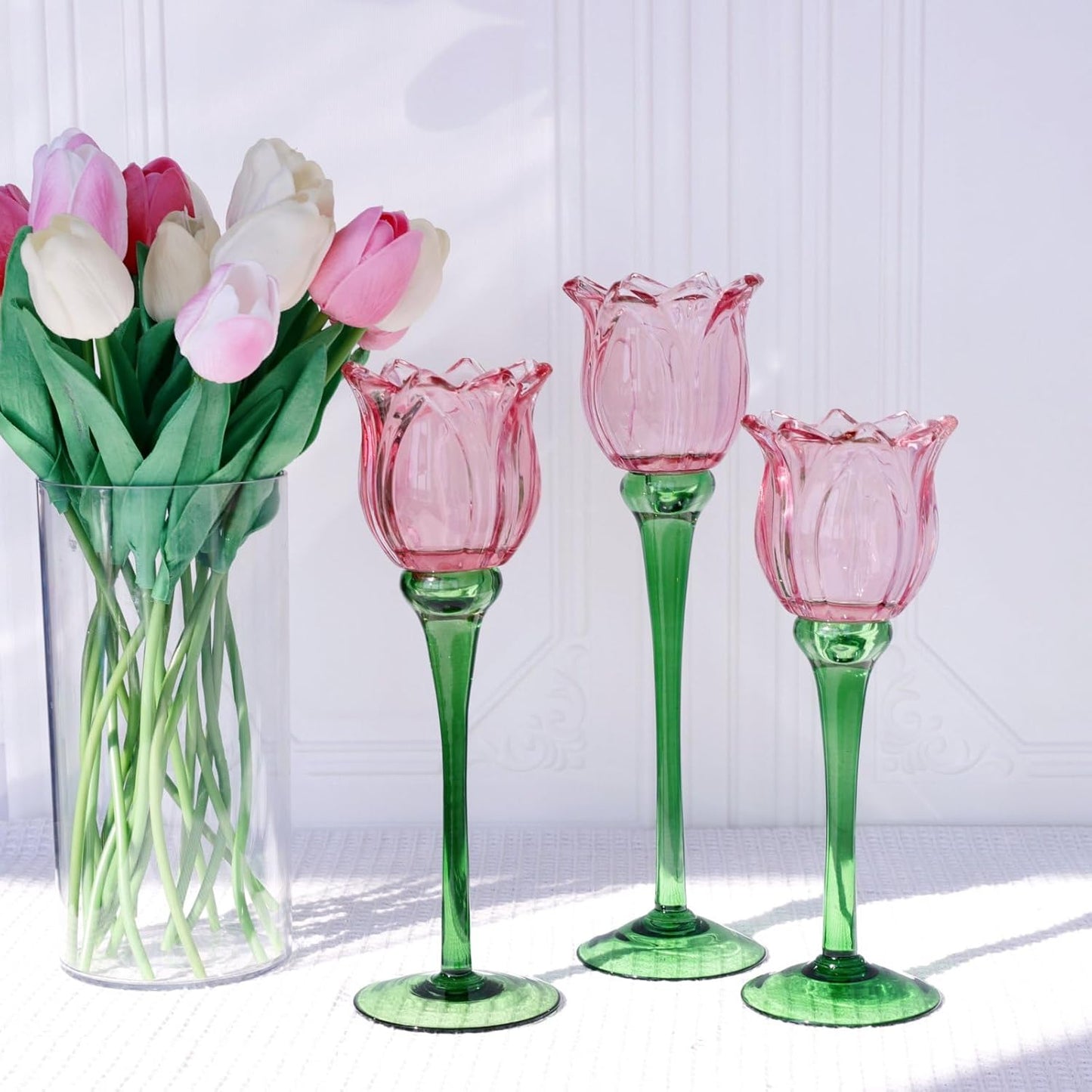 VOHO Pink Tulips Candle Holder, Romantic Pink Flower Votive Candle Holders for Wedding Bridal Shower Decorations, Tall Tealight Candle Holder Decor for Centerpiece Table(Set of3)
