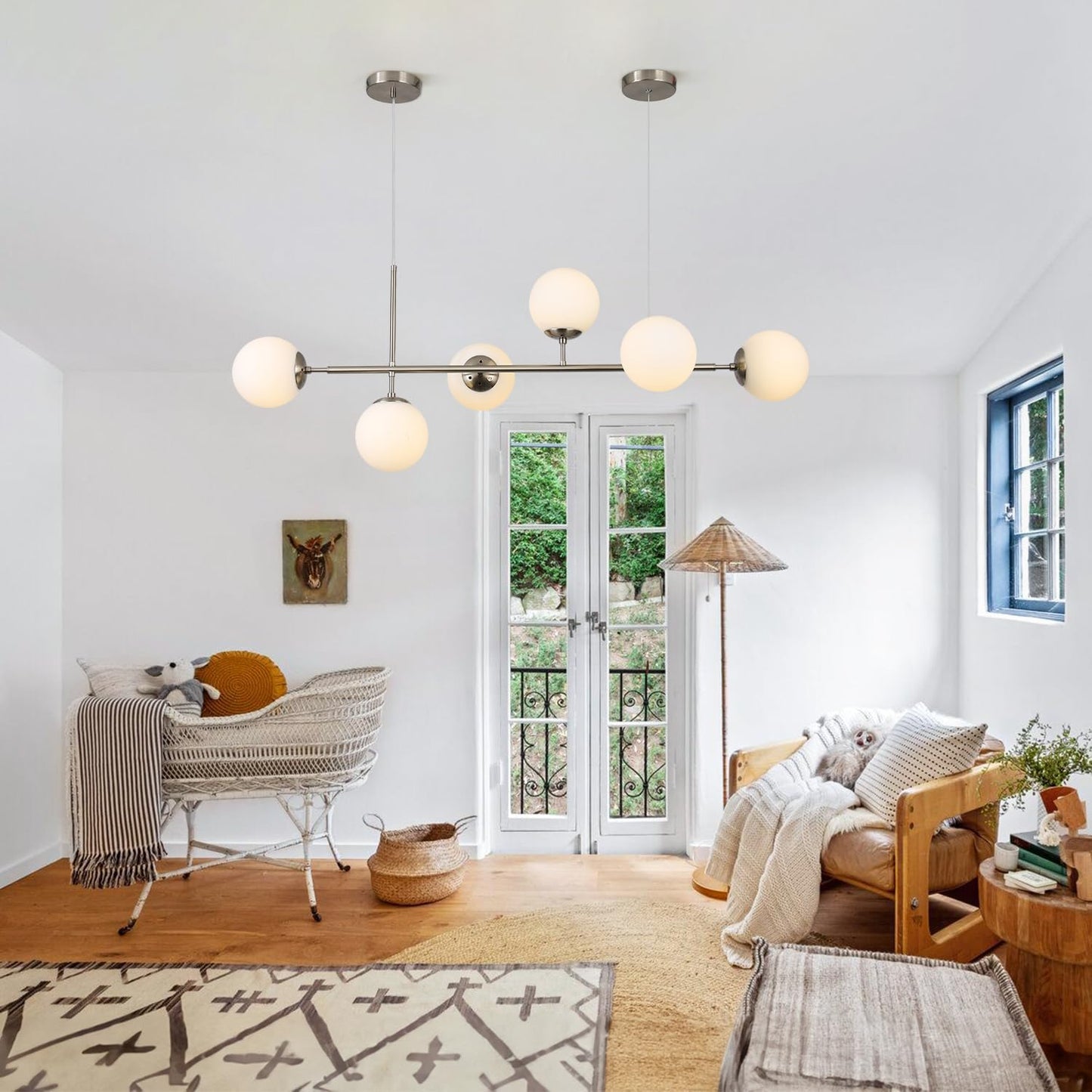 KCO Modern Silver Milk Glass Pendant Light 6 Light Pendant Light Fixture Chandelier Brushed Nickel Chandelier Modern Hanging Linear Light Fixture for Dining Room Kitchen Island