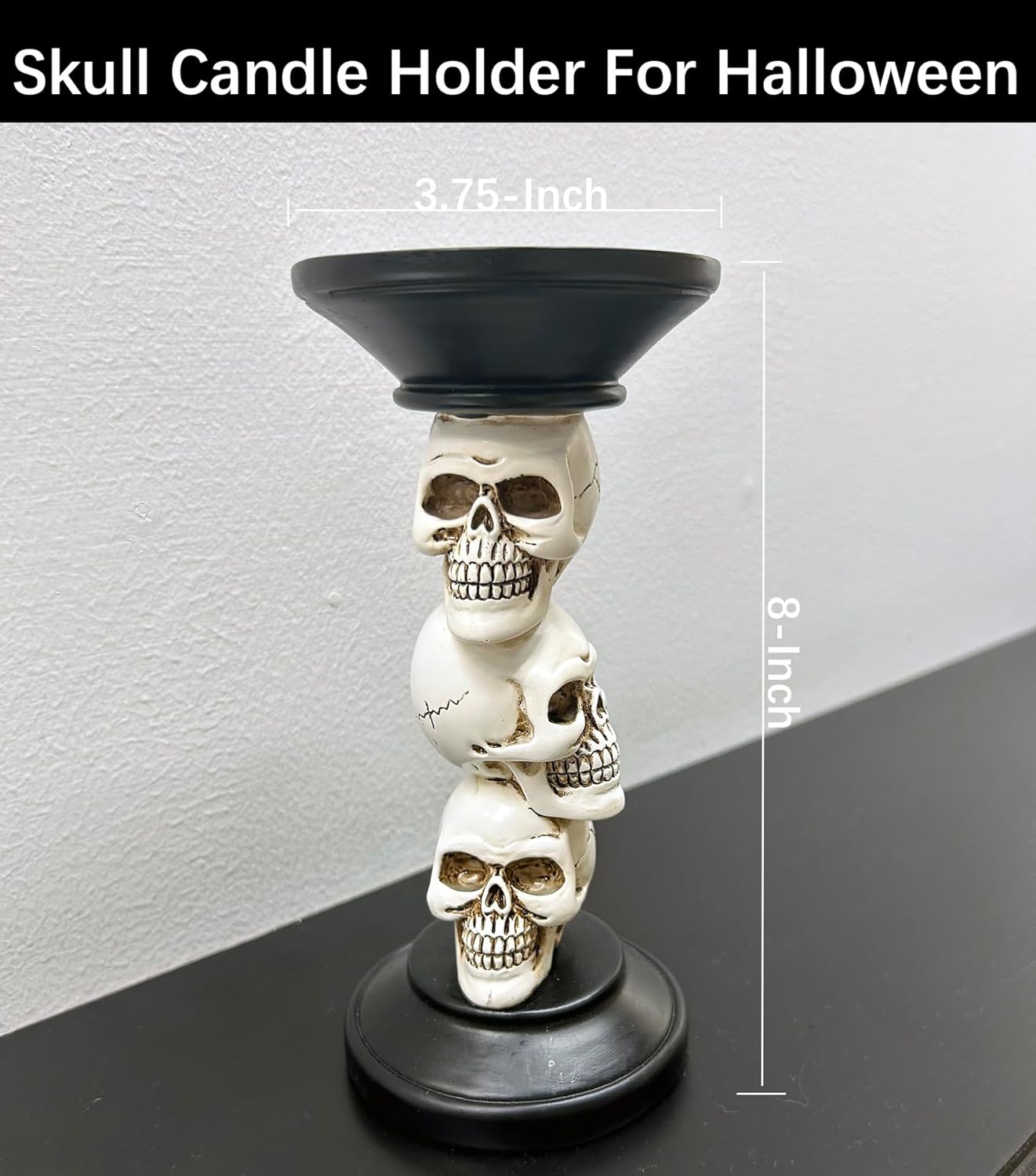 Halloween Skull Candle Holder - Vintage Pillar Candle Holder with Resin Skull Skeleton Design - Indoor Decor