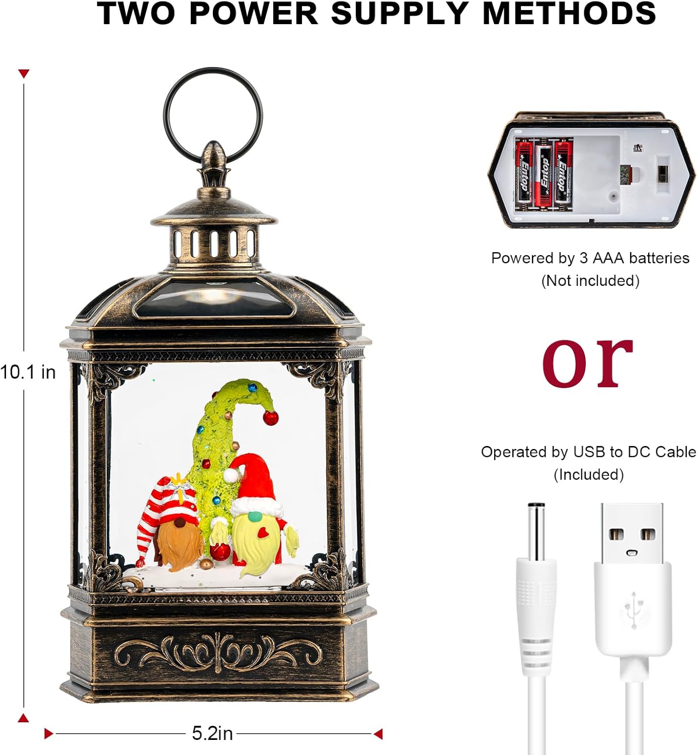 Christmas Snow Globe Lantern Water Glittering Gnomes Scandinavian Santa Elf with Music, USB Lined/Battery Operated Lighted Lantern for Christmas Festival Decoration Gifts