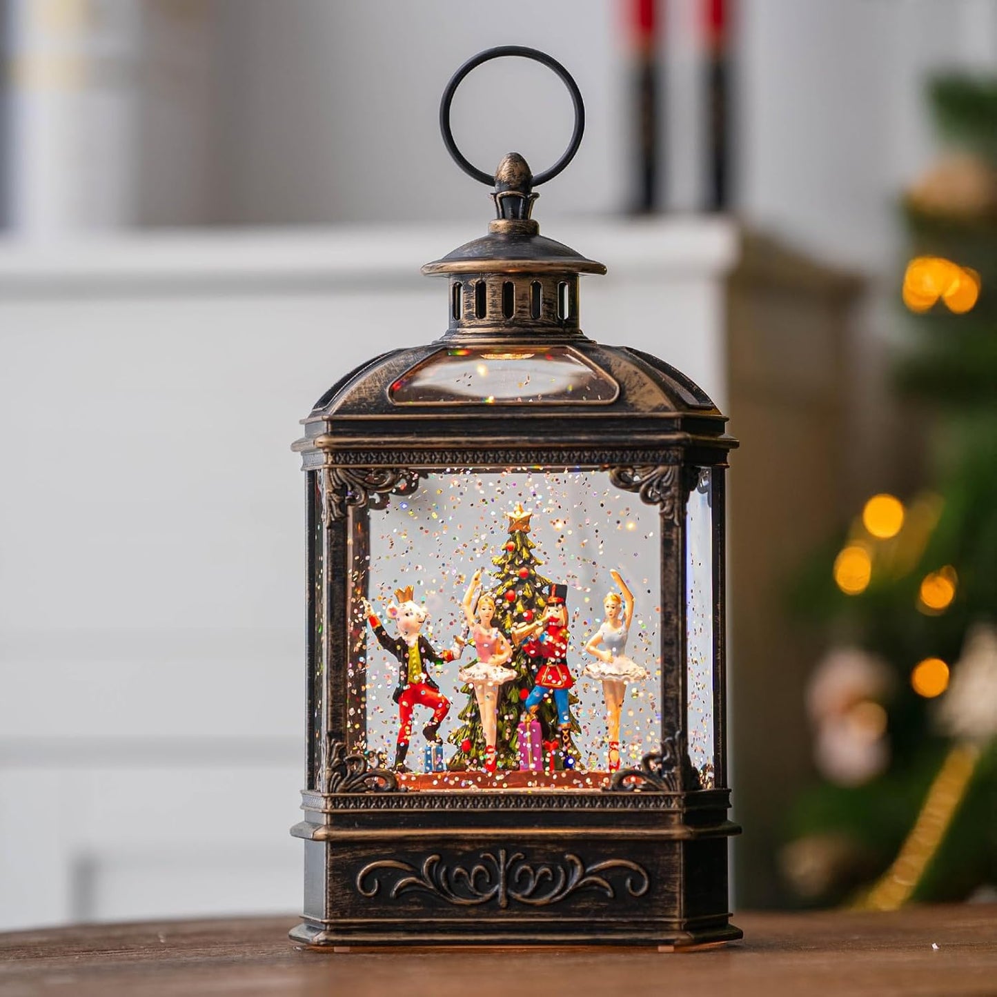 Christmas Snow Globe Lantern Water Glittering Nutcracker Ballet Stage with Music & Timer, USB Lined/Battery Operated Lighted Lantern for Christmas Festival Decoration Gifts