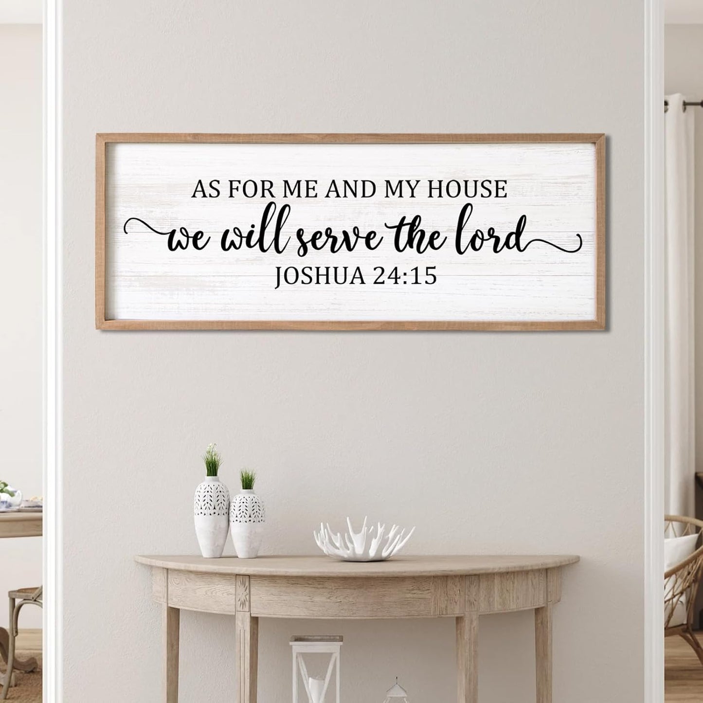 As For Me And My House We Will Serve The Lord Framed Wall Art, 40''×15'' Horizontal Positive Religious Rustic Bible Verse for Christian God Jesus Christ Prayer, Vintage Holy Catholic Scripture Decor