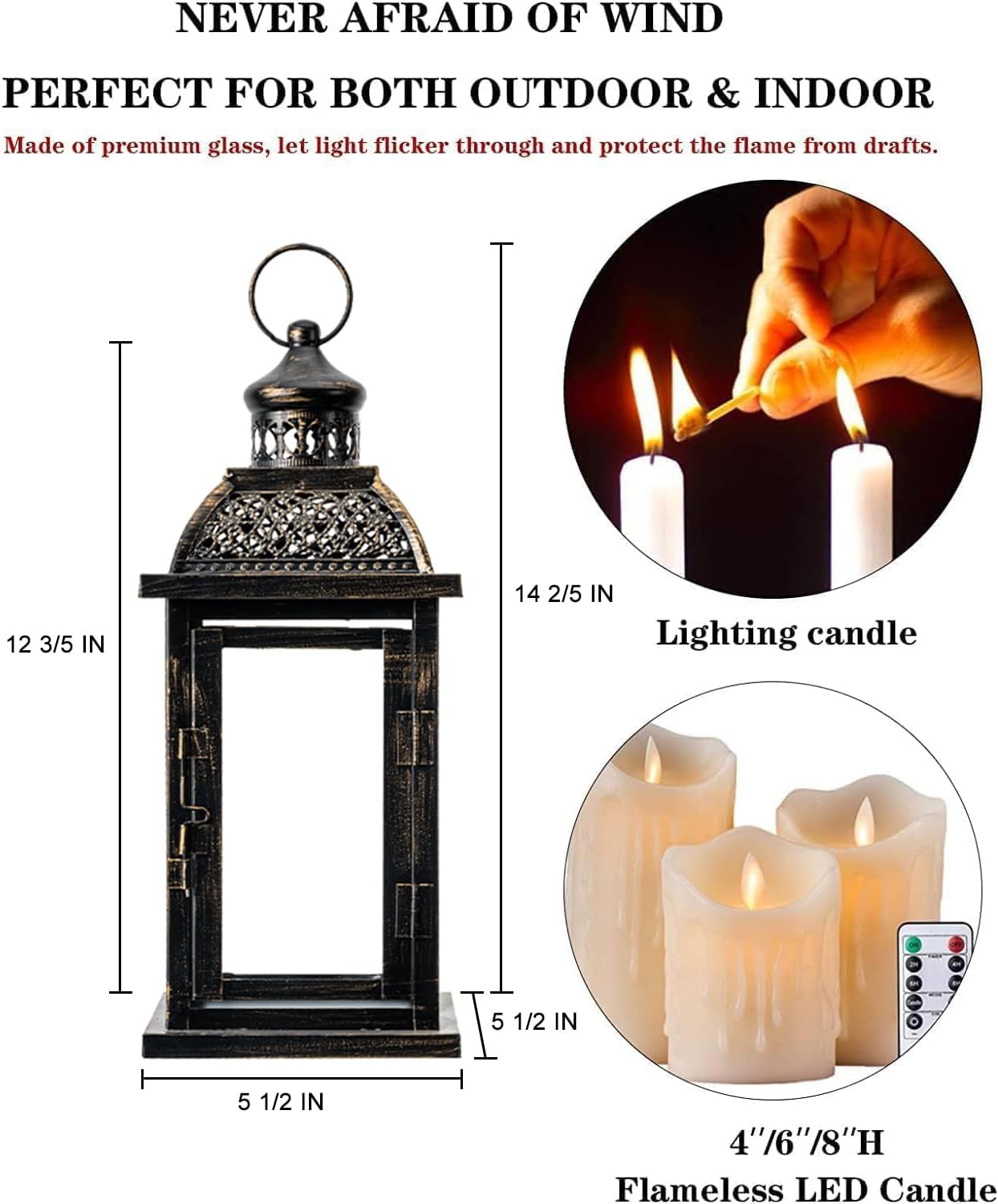 DECORKEY Lanterns Decorative Indoor&Outdoor, 14.4'' Large Black Square Hanging Lanterns, Vintage Metal Candle Holder for Outdoor Patio Front Door Porch Wedding Party Decor