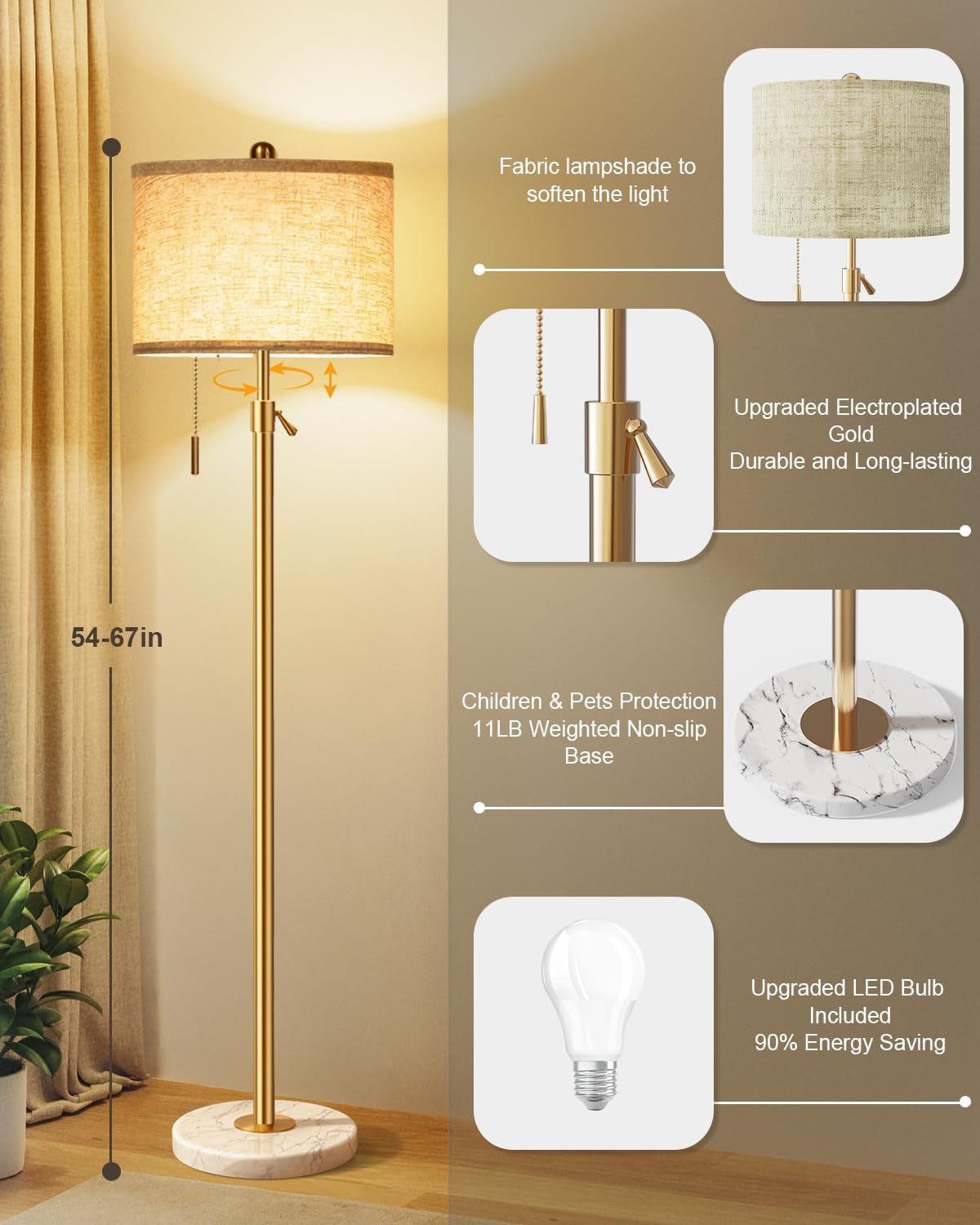 Modern Gold Floor Lamp for Living Room - Adjustable Height Standing Lamp with Marble Base & Linen Shade, 3-Way Dimmable Tall Floor Light for Bedroom, Reading, Bulb Included