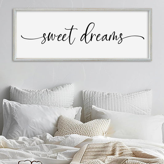 SRSZHIYUE Sweet Dreams Above Bed Wall Decor, 32"x12" Large Rustic Master Bedroom Over Bed Sign Guest Room Couples Wood Framed Farmhouse Horizontal Hanging Decoration (White)