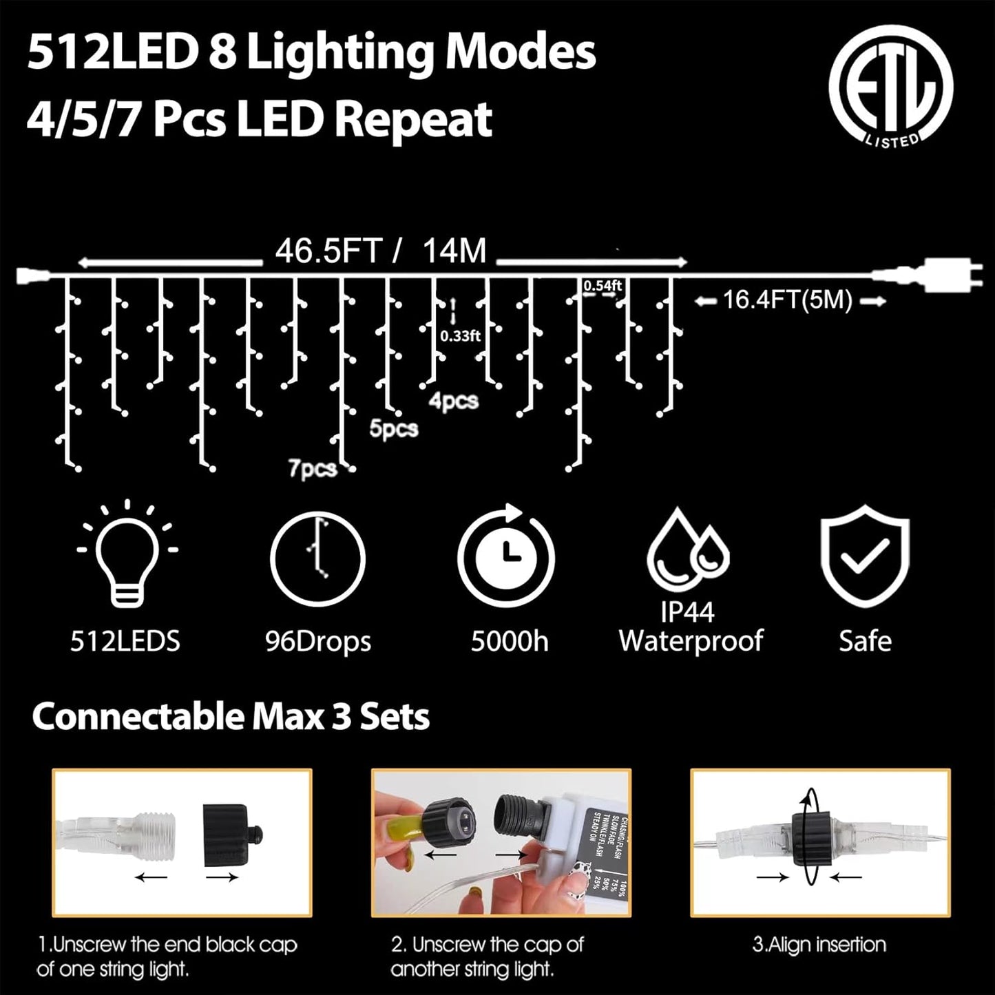 Halloween Icicle Lights Outdoor, 512 LED 46.5 FT 8 Lighting Modes with Timer & Memory, Curtain Fairy String Lights With 96 Drops for Halloween Decorations Holiday Party Eaves Yard (Purple & Orange)