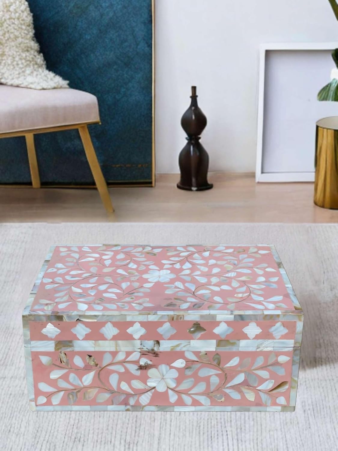 Decorative Storage Box Of Mother Of Pearl Inlay Floral Design Wooden Storage Box For Home Decoration For Living Dining & Bedroom (Pink_9x6x3.5 inch)