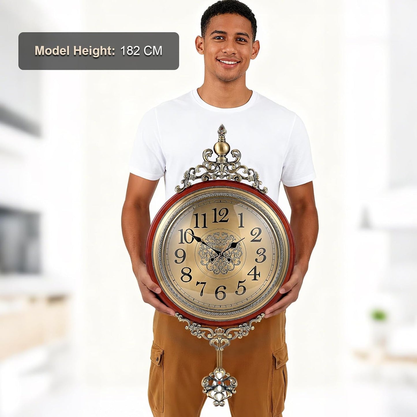 Vintage Wall Clock with Pendulum, 16 Inch Large Retro Metal and Glass Silent Clock for Living Room, Antique Wood Pendulum for Dining Room Office Home Decor