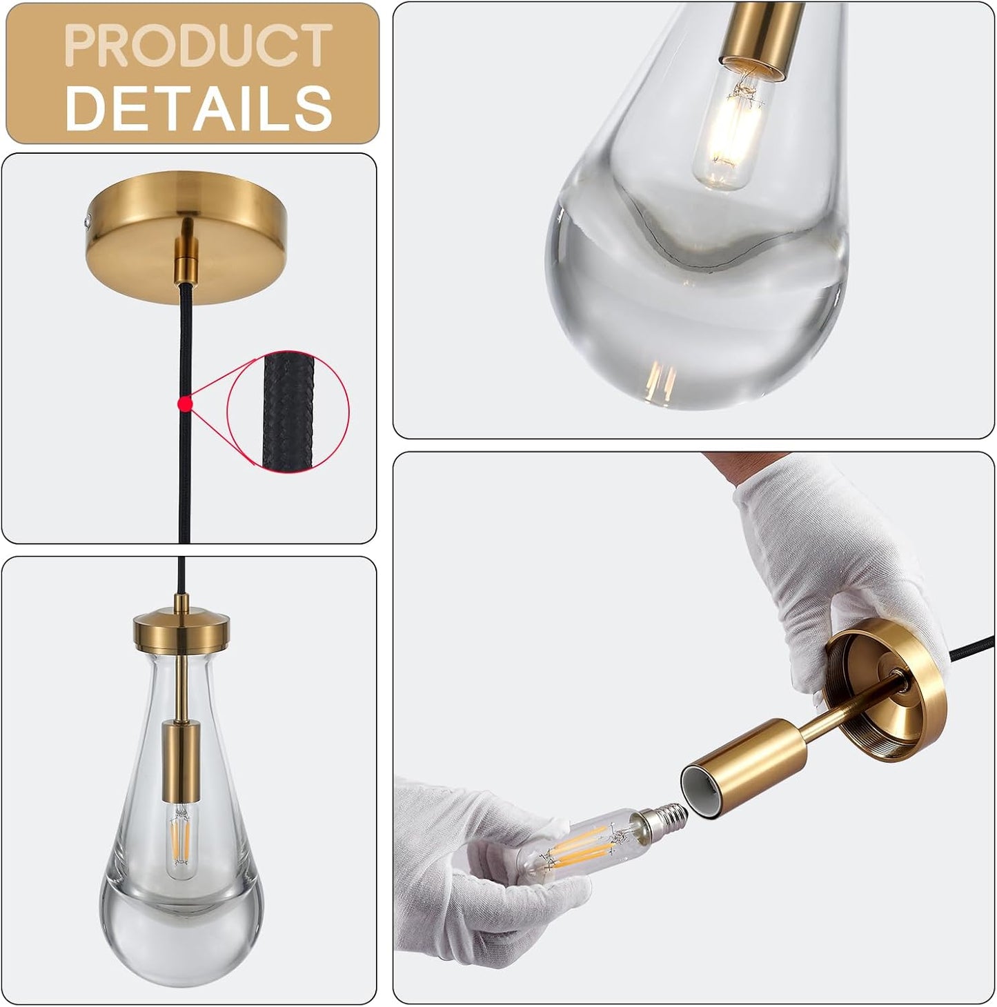 Raindrop Pendant Light Fixtures Set of 3, Brass Glass Pendant Lighting, Teardrops Modern Hanging Light for Entryway Foyer Kitchen Island Dining Living Room Hallway