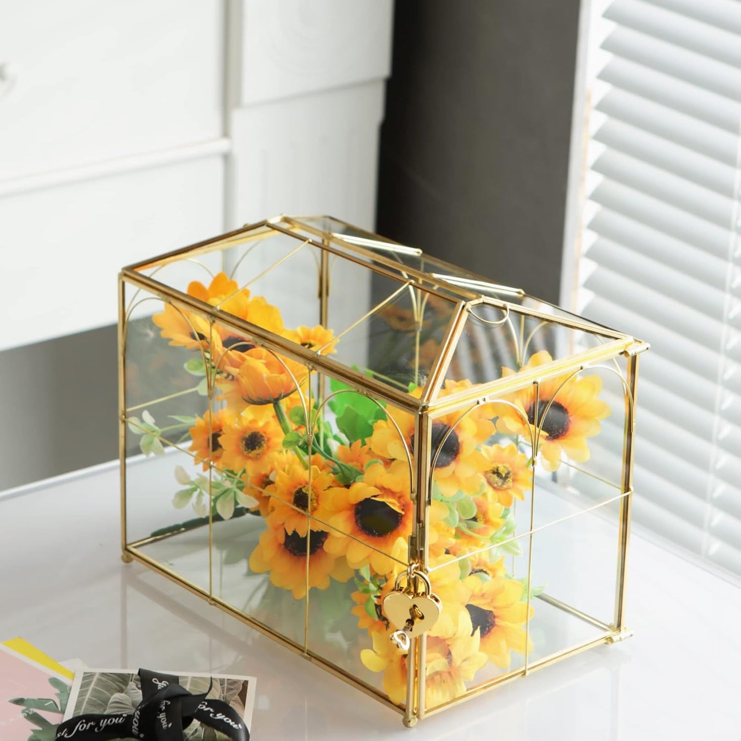 Glass Card Box with Slot, 10.2 inch Large Gold Clear Card Box for Wedding Receptions, Decorative Storage Box with Lock for Baby Shower, Birthday Party, Bridal Shower
