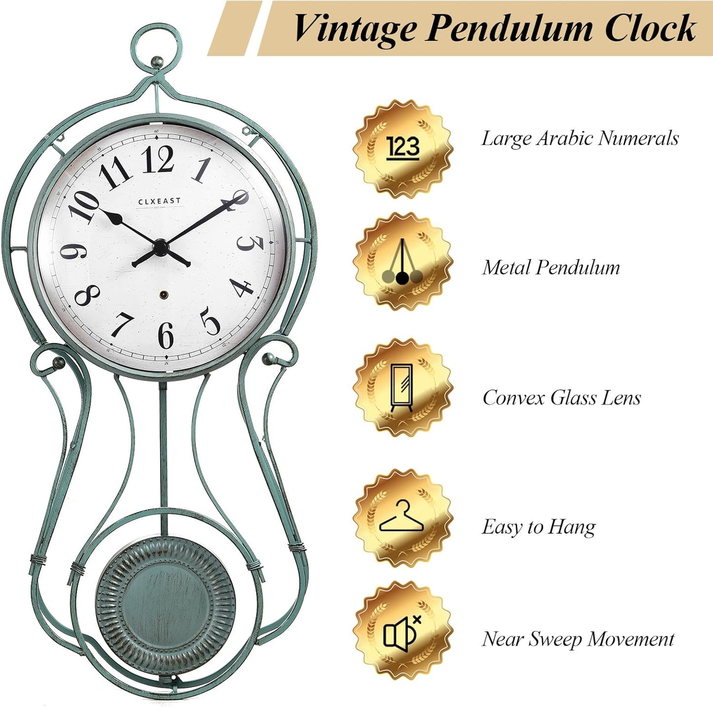 CLXEAST 20 Inch Metal Pendulum Wall Clock Battery Operated,Large Schoolhouse Wall Clocks for Living Room Decor,Antique Aged Teal Green Finish,House Warming Gifts New Home