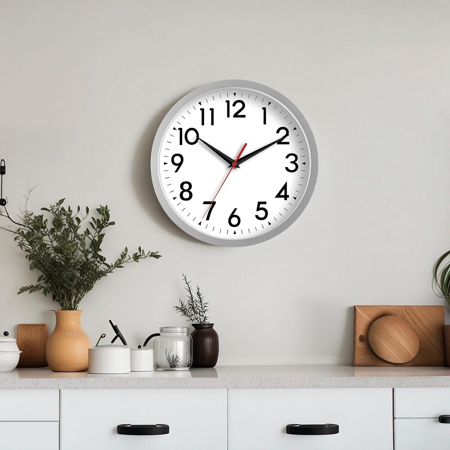 Wall Clock Modern Battery Operated 10 Inch Simpel Silent Non Ticking Decorative for Kitchen Office Outdoor Bedroom Living Room School Classroom(Silver)