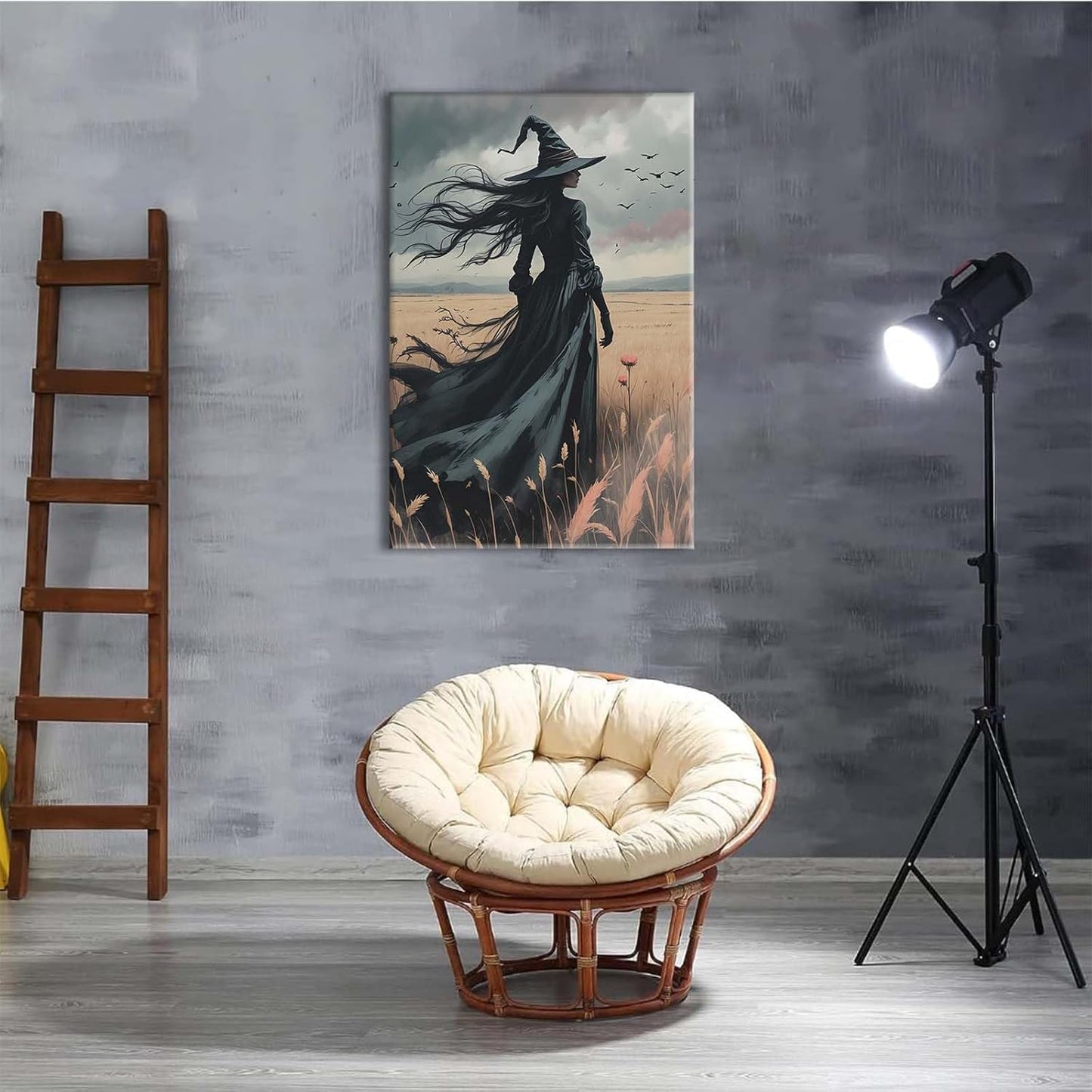 Gothic Decor Canvas Wall Art Witch in Rice Field Halloween Art Decor Print Nature Print Victorian Home Bedroom16x24in Wood Framed