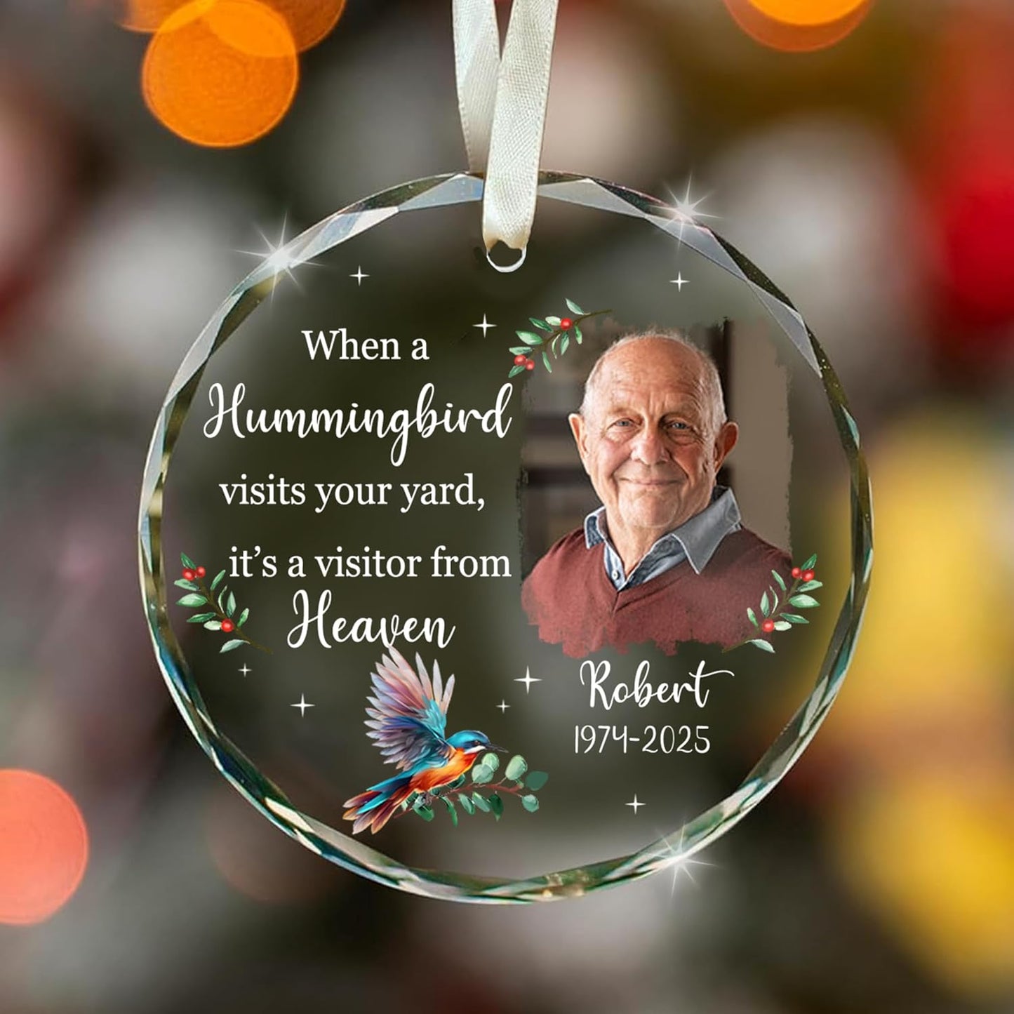 Personalized Memorial Hummingbird Glass Ornament – in Loving Memory of Robert – Custom Name, Birth Year & Passing Year – “When a Hummingbird Visits Your Yard” Memorial Keepsake