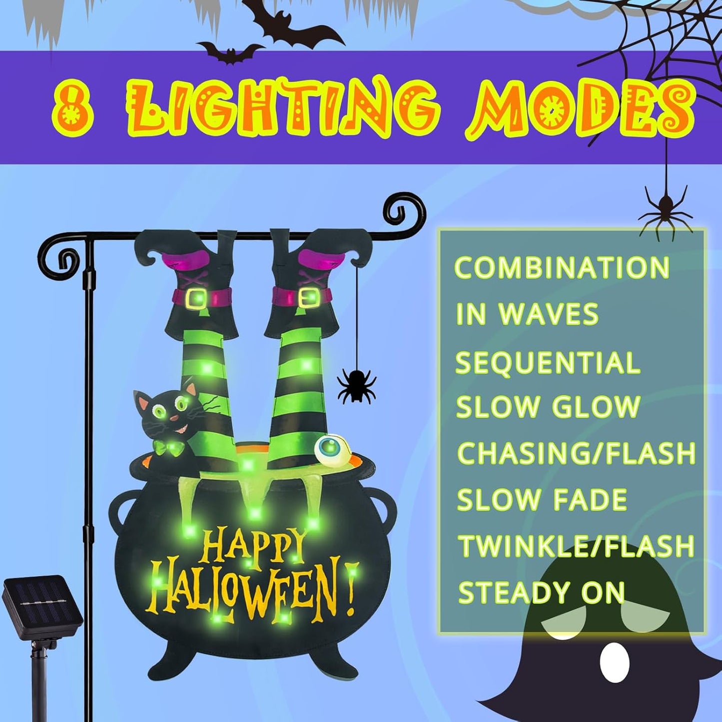 Halloween Lighted Garden Flag for Outside, Witch Feet Shape Flag Yard Decor, 8 Modes Double Sided Cauldron Eyeball Black Cat Outdoor Hlloween Decorations for Home Porch (Green-28x40)