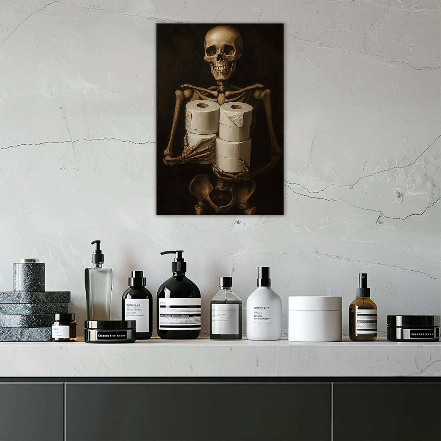 Gothic Skull Wall Art Funny Skeleton with Toilet Paper Canvas Print Vintage Skull Painting Framed Artwork for Living Room Home Halloween Wall Decor(Artwork-8,16"x24")