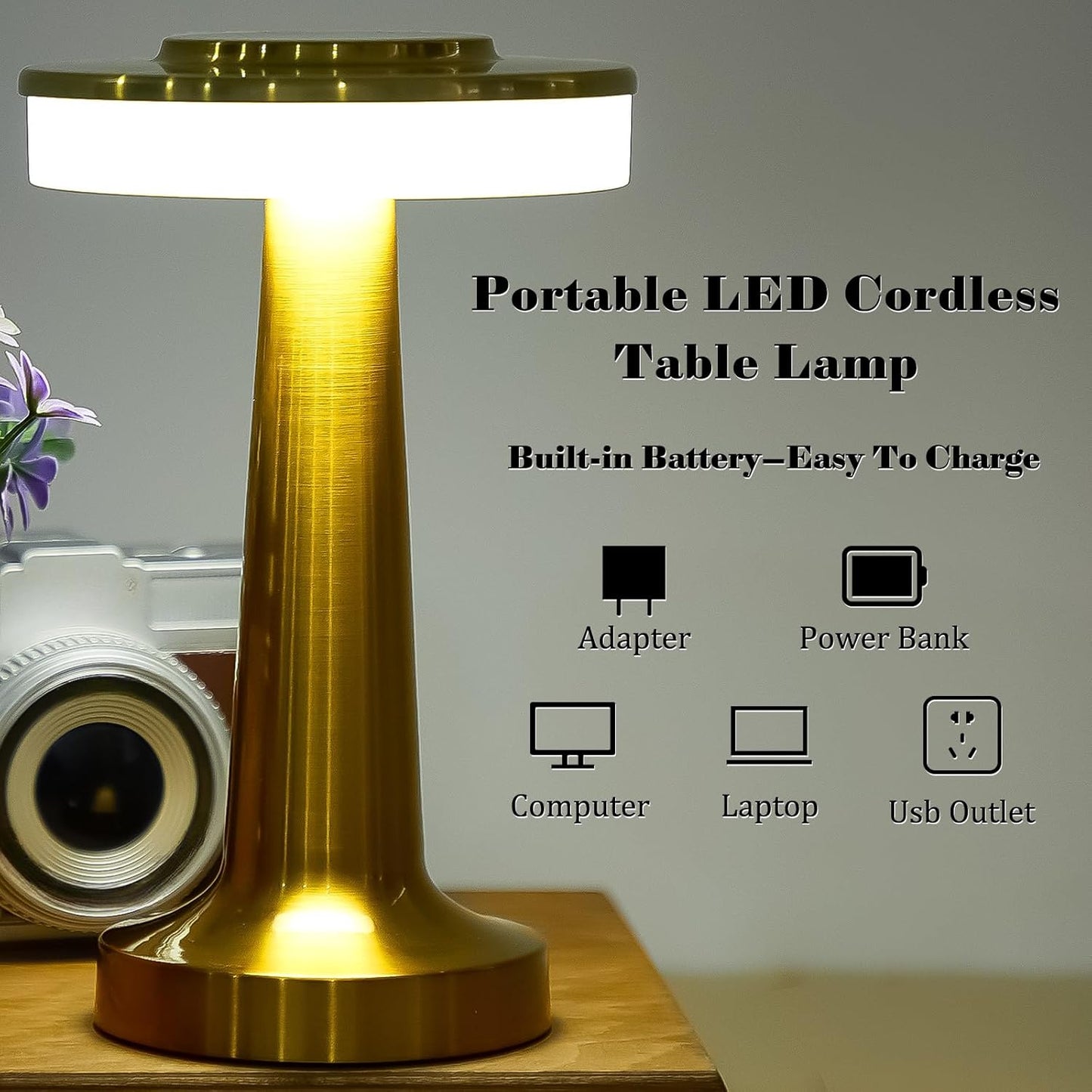 VIHOSE Set of 8 LED Portable Cordless Table Lamp with Touch Sensor 3 Color Stepless Dimming Rechargeable Battery up to 15 Hours Cordless Table Light Wireless Lamp for Nursery(Gold)