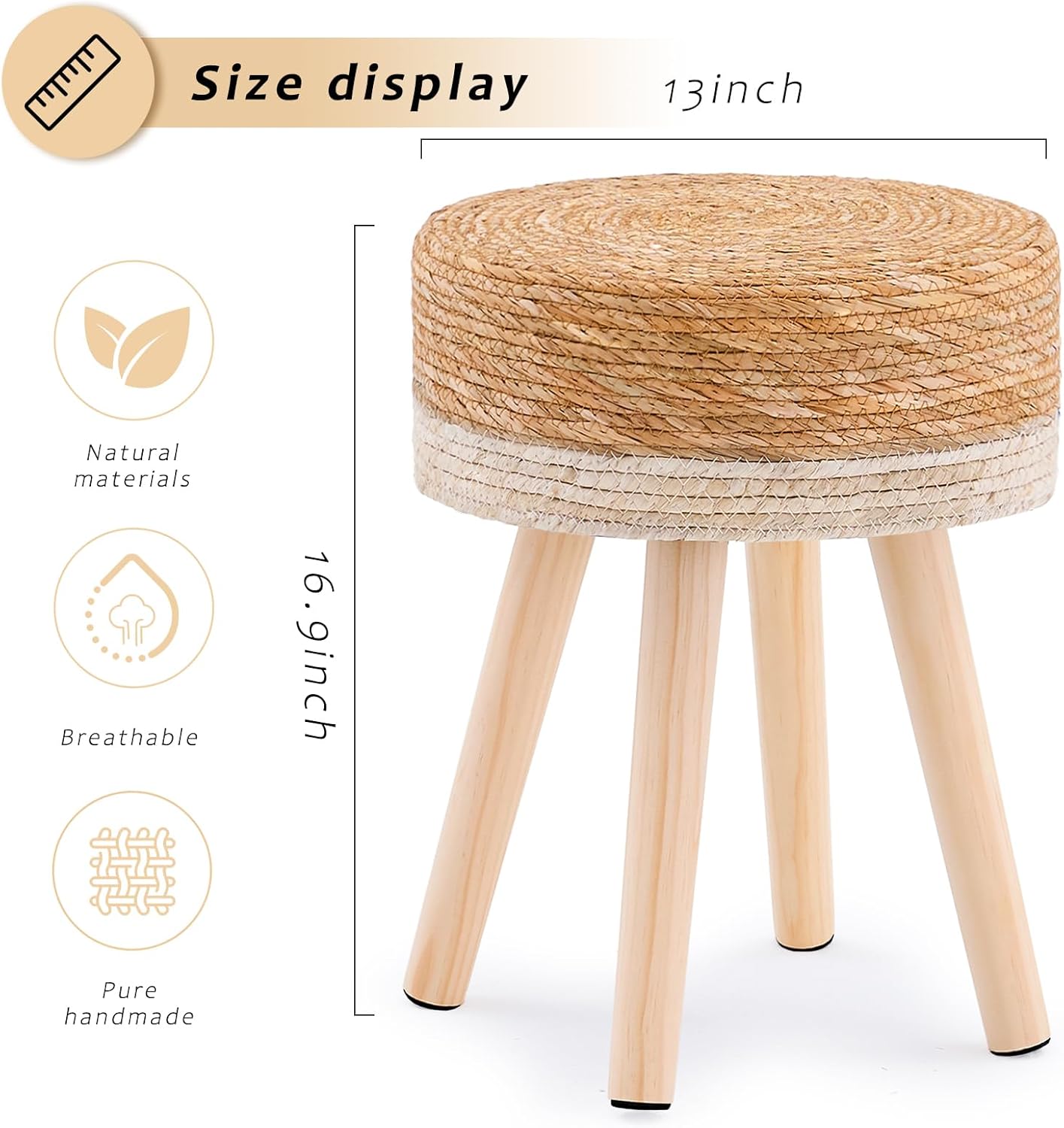 Handwoven Outdoor Ottoman, Water Hyacinth Pouf Round Patio Footstool with Wood Legs, 17-Inch Multipurpose Vanity Stool, Dining Chair, Patio Footrest for Balcony and Garden, White