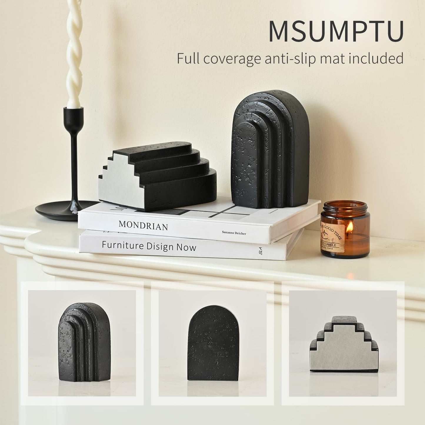 Decorative Bookends for Shelves, Set of 2 Book Ends for Heavy Books, Layered Arch Design Black Bookend