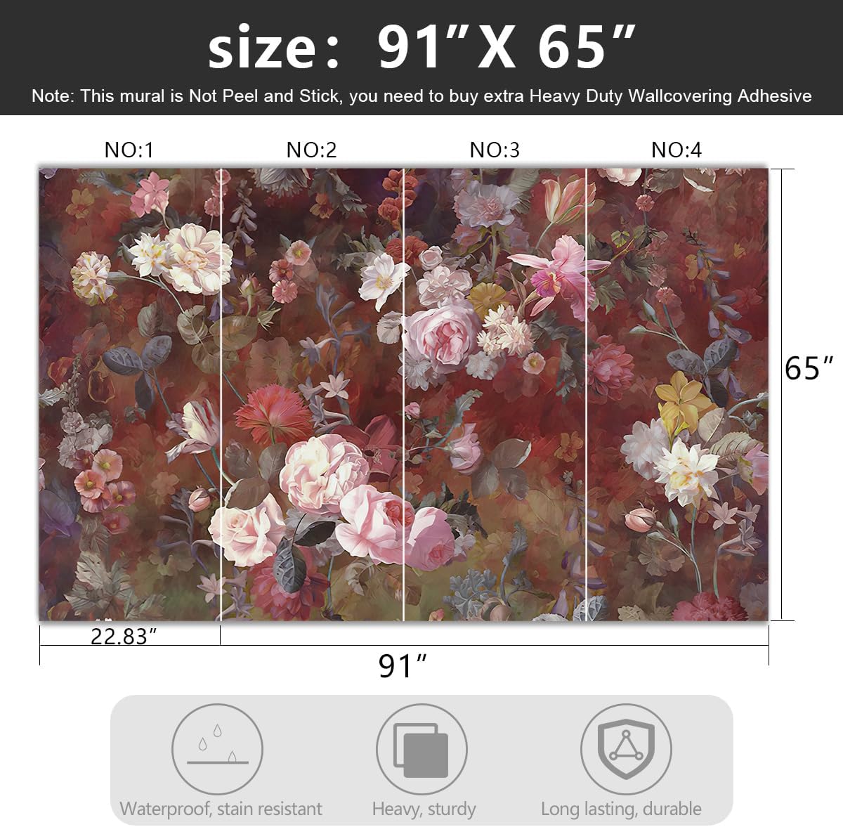 -Vintage Roses Floral Fabric Wallpaper Living Room Bedroom Bathroom Flowers Wall Mural- 91"x65"（ not Peel and Stick）