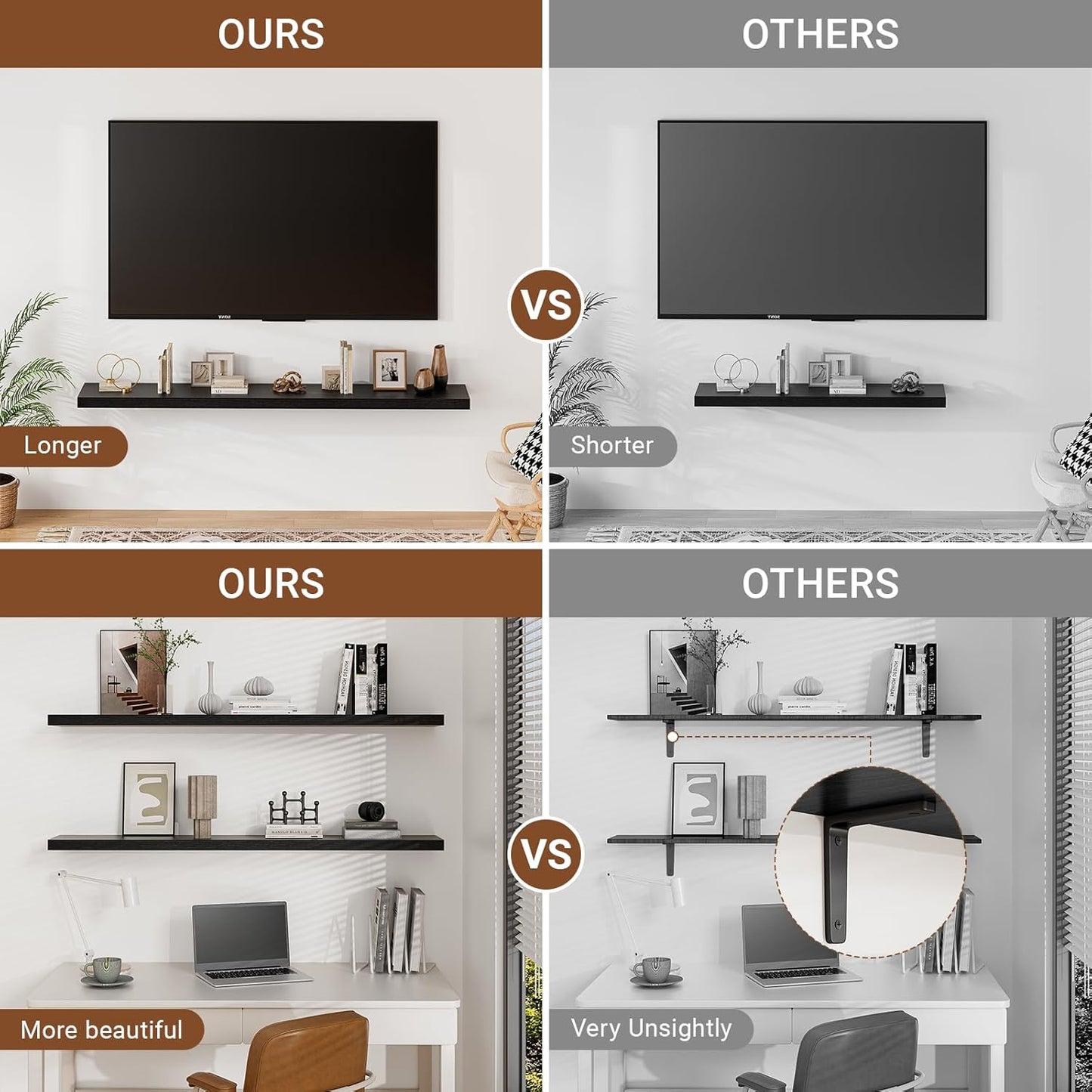 Heimlove 32 Inch Floating Shelves for Wall,Black 9.3" Deep Floating Shelf Set of 2,Wall Mounted Shelves for Bathroom Bedroom Living Room Kitchen Office,Shelf for Books Storage Room,Home Decor