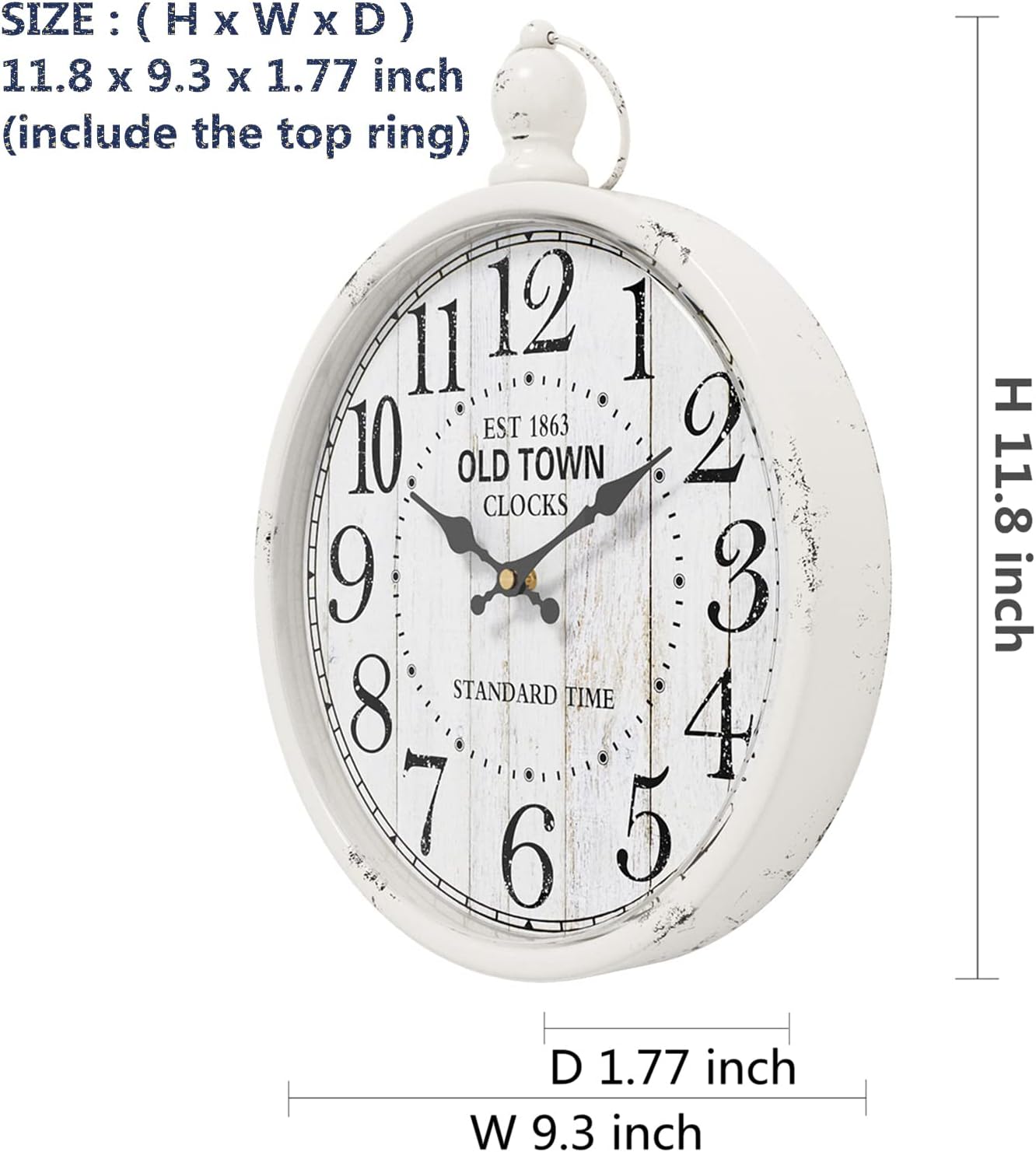 Menterry Retro Round Wall Clock. White Vintage Antique Style. Battery Operated Silent Wall Clocks for Farmhouse,Bathroom,Kitchen,Bedroom,Office, (11.8" H x 9.3" W)