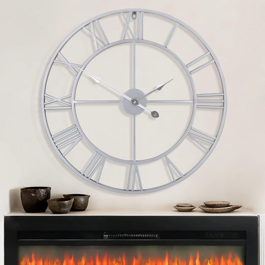 LEIKE 32" Large Modern Wall Clocks,Vintage,Round,Nearly Silent,Little Ticking,Battery Operated,Silver Metal Roman Numerals Clock for Living Room/Bedroom/Kitchen Wall Decor