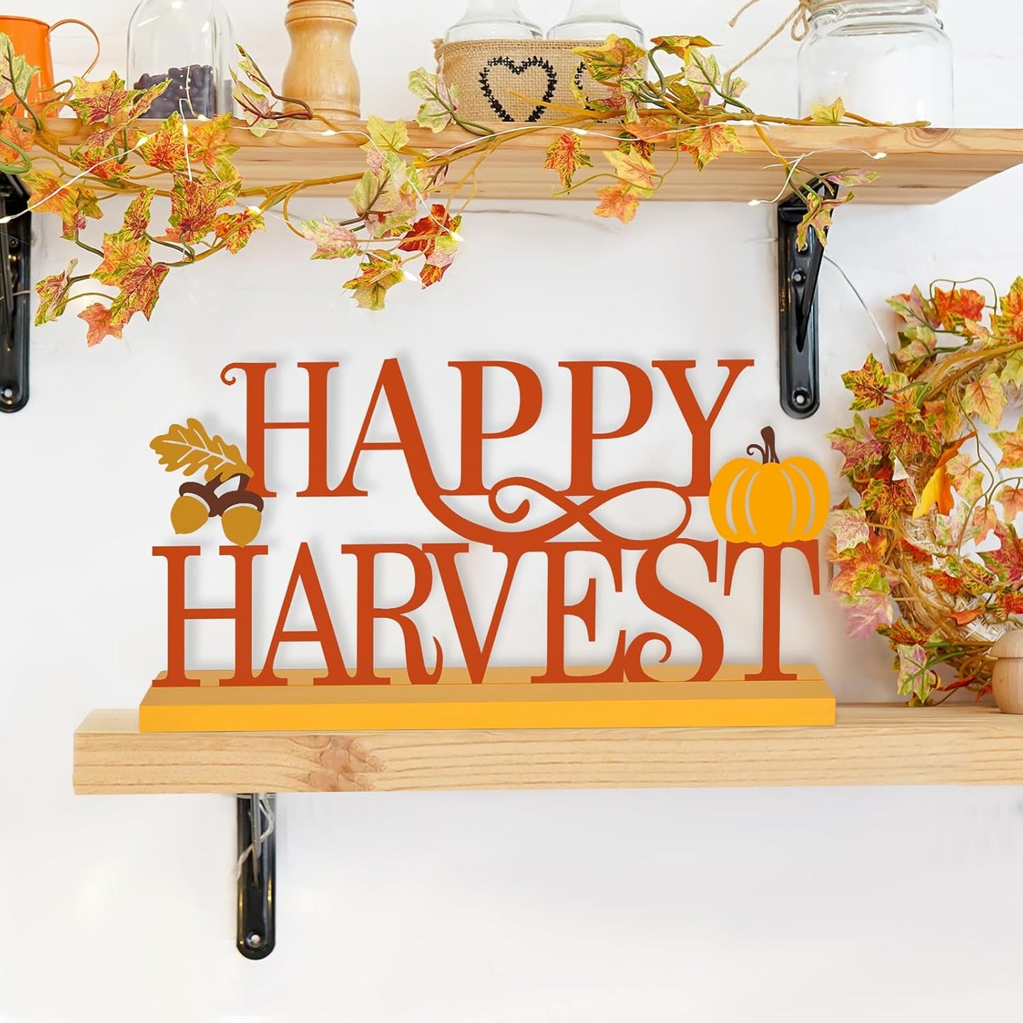 COCHIE Metal Happy Harvest Sign, Orange Fall Decorations for Home, Office, Shelf, Mantel, Indoor, Autumn Pumpkin Decoration, Hello Fall Leave Decor (Harvest)