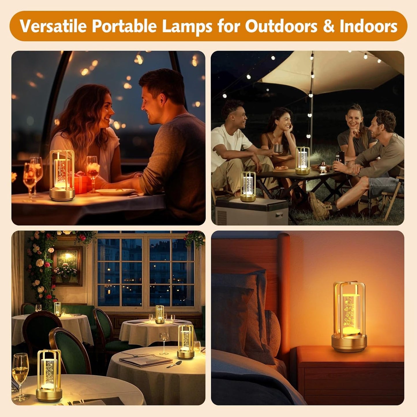 Portable Table Lamp for Outdoor Indoor: Cordless Rechargeable Desk Lamp with 3 Color Stepless Dimmable - Metal Battery Operated Small Lantern Light for Restaurant/Bedroom/Bar/Coffee Shop/Camping