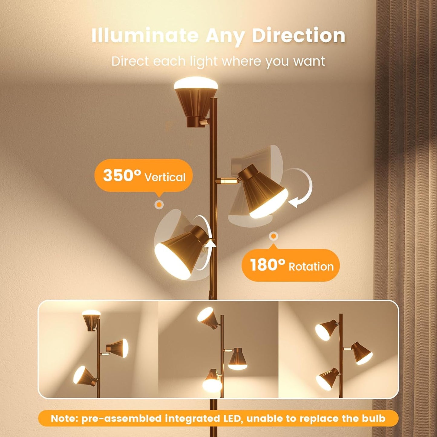 36W LED Tree Floor Lamp, Dimmable Tall Standing Lamp with Remote & Touch Control, 4 Color Temperatures Bright Floor Lamp, 3 Rotatable Light Modern Floor Lamps (Brown)