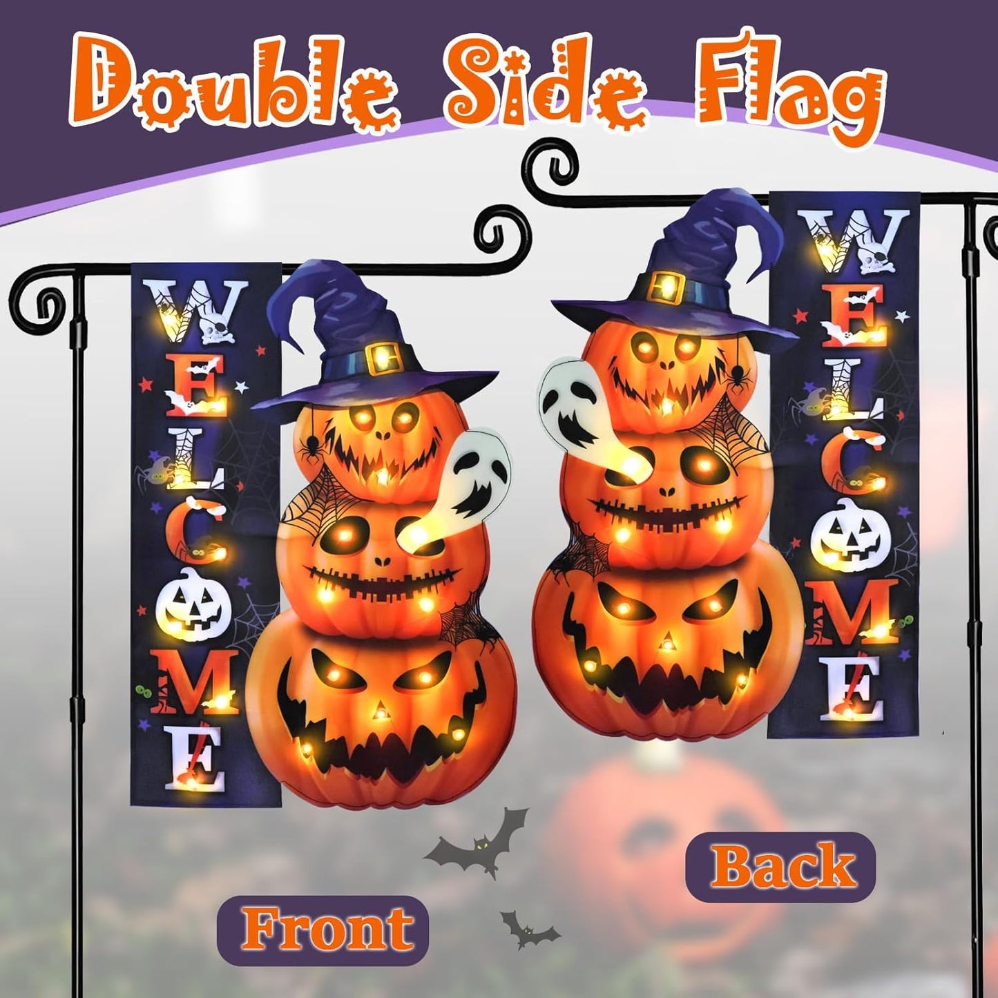 Halloween Lighted Garden Flag, Solar Yard Flag for Outside, 8 Modes Double Sided Welcome Halloween Pumpkin Outdoor Decorations for Home Porch (Pumpkin-12x18)