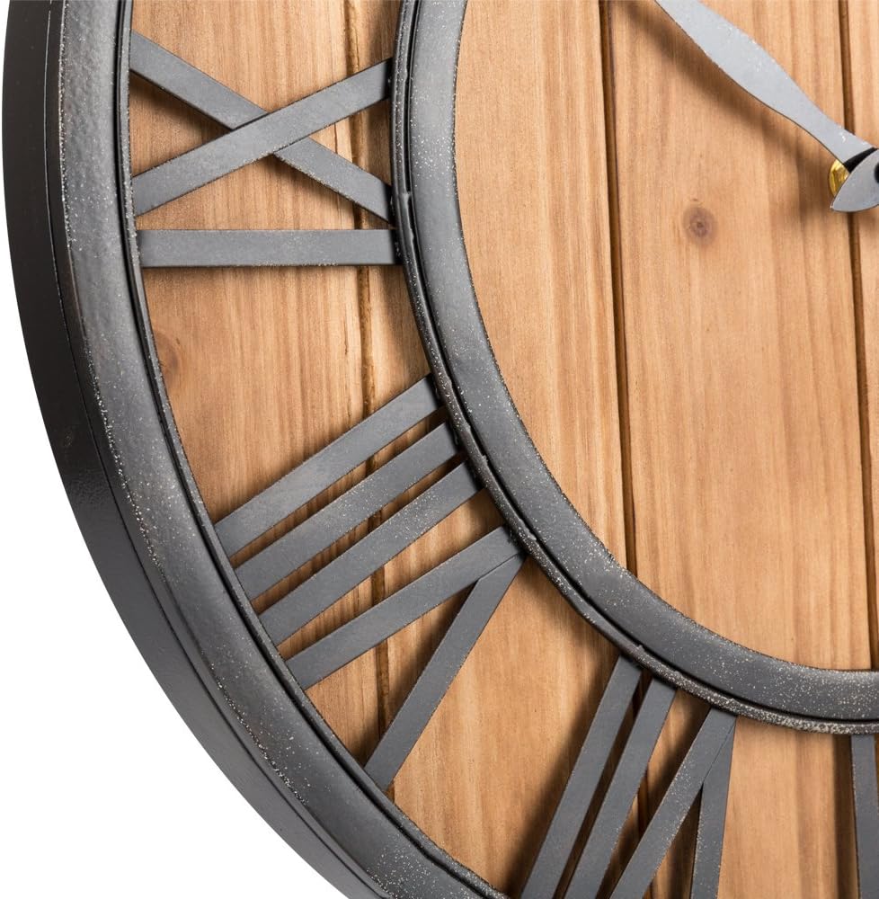 Oldtown Farmhouse Metal & Solid Wood Noiseless Wall Clock (Wood, 18-inch)