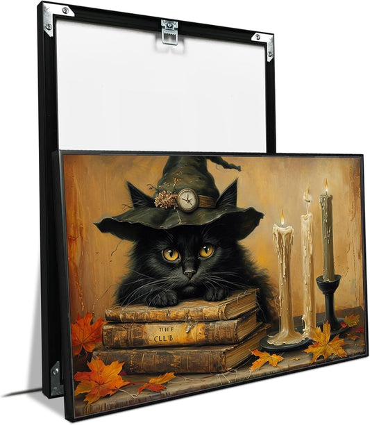 JFHCQJPK Vintage Halloween wall decoration black cat and magic book suitable for home bedroom living room decoration dark classic art witch wall decoration24x36in Metal blackFramed