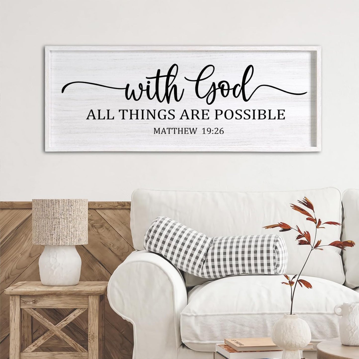 With God All Things are Possible Framed Wall Art, 40''×15'' White Holy Religious Rustic Bible Verse for Christian God Jesus Christ Prayer, Positive Horizontal Inspirational Catholic Scripture Decor