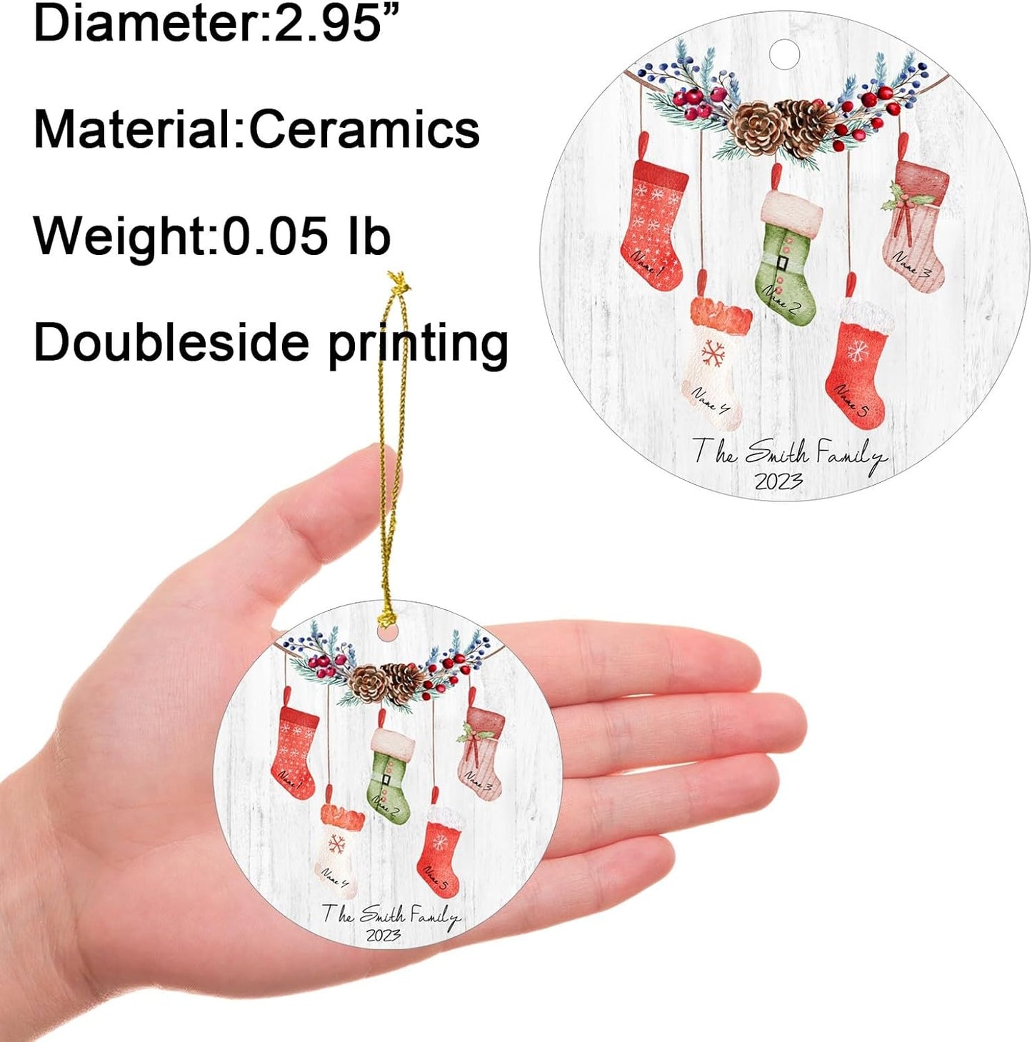 Personalized Family Christmas Ornaments 2025,Double-Sided Ceramics Custom Christmas Stocking Tree Ornament - Up to 8 Names,Customize Names for Each Family Member - Hanging Customized Xmas Ornaments
